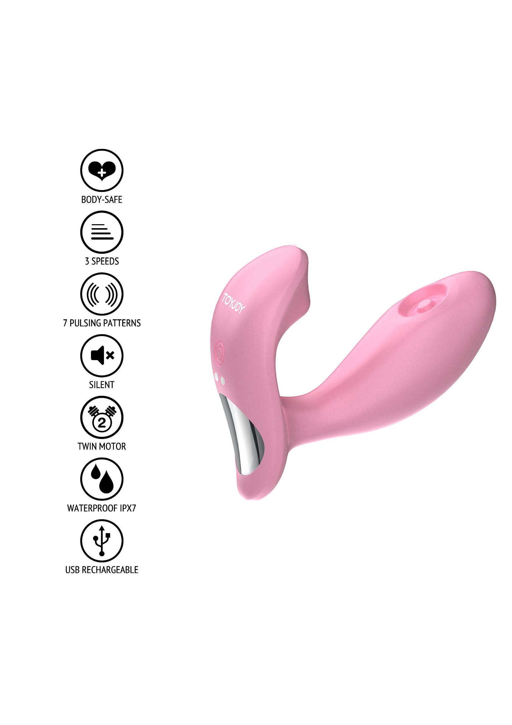 Vibromasseur clitoridien rose avec 3 vitesses, 7 modes et 2 moteurs. Rechargeable par USB et étanche.; Roze clitoris vibrator met 3 snelheden, 7 patronen en 2 motoren. USB oplaadbaar en waterdicht.; Pink clitoral vibrator with 3 speeds, 7 patterns and 2 motors. USB rechargeable and waterproof.