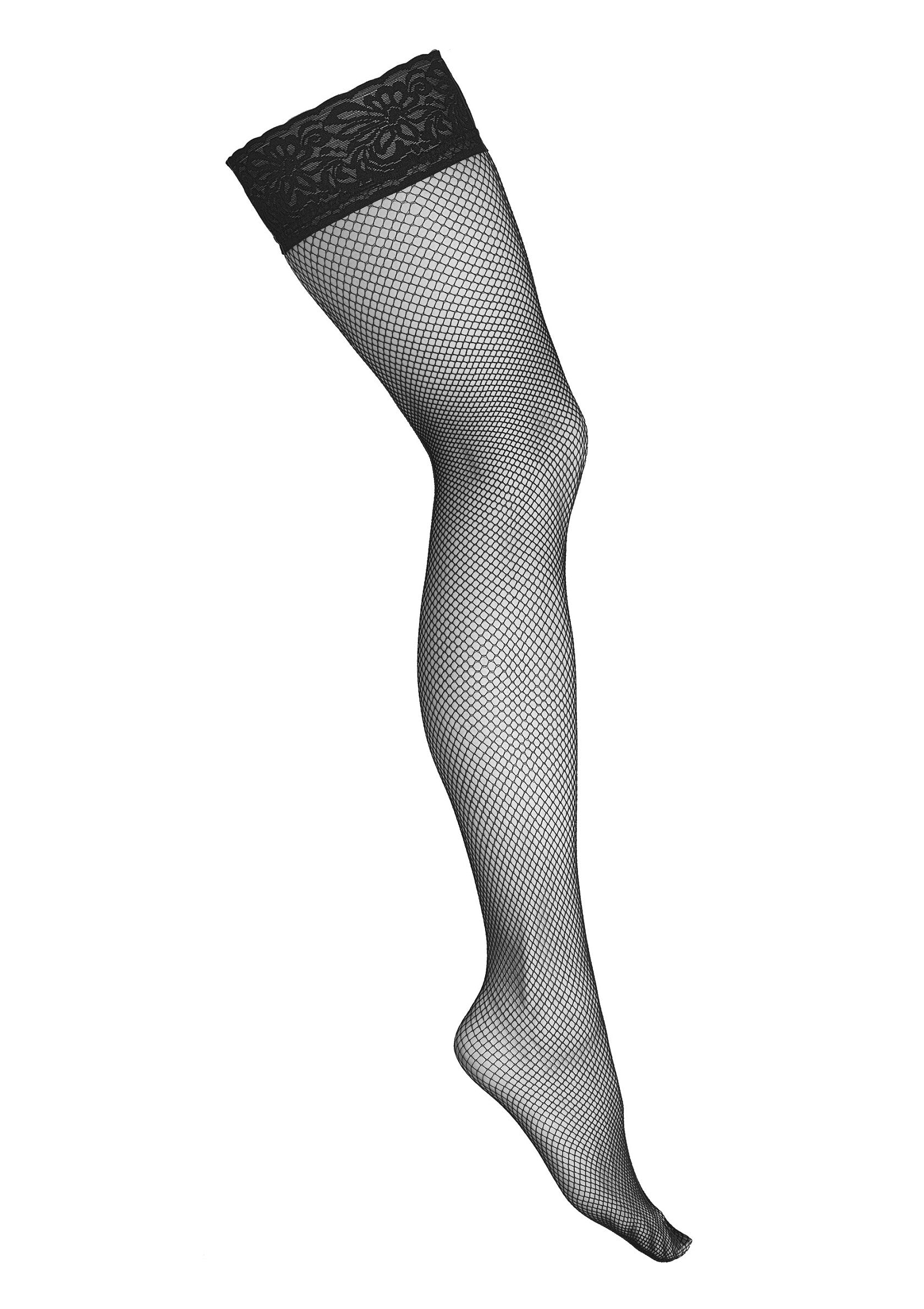 Bas autofixants résille noirs avec bordure en dentelle pour un look sexy et élégant.; Zwarte fishnet kousen met kanten rand voor een sexy en elegante look.; Black fishnet hold-up stockings with lace top for a sexy and elegant look.