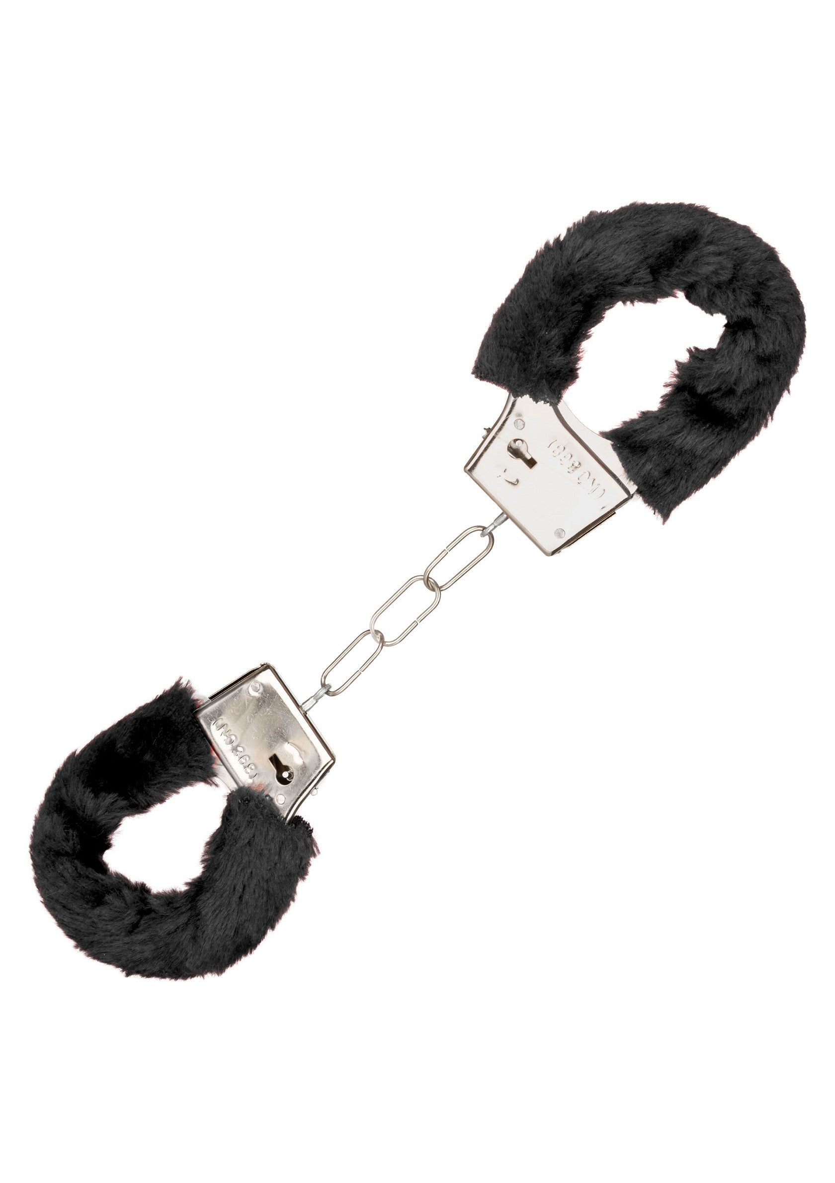 Menottes en métal argenté doublées de fausse fourrure noire douce. Accessoire de jeu de rôle amusant.; Zachte, zwarte, beklede metalen handboeien. Een leuk rollenspelaccessoire.; Soft black faux-fur lined metal handcuffs. A fun roleplay accessory.