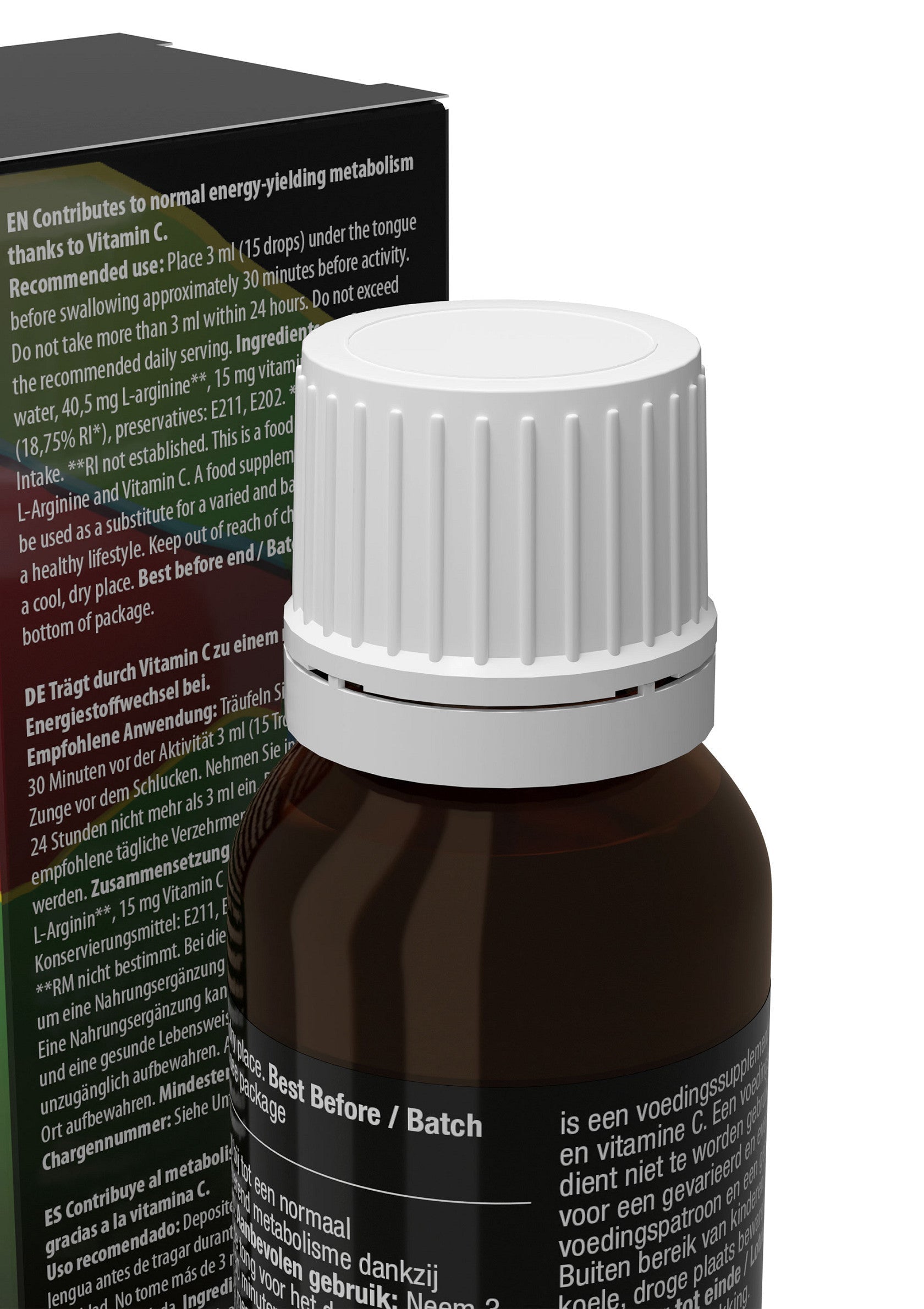 Compléments alimentaires vitamine C et arginine. Pour un métabolisme énergétique normal et un mode de vie sain. ; Voedingssupplement met vitamine C en arginine. Draagt bij aan een normaal energiemetabolisme en een gezonde levensstijl.; Vitamin C and arginine dietary supplement. Contributes to normal energy-yielding metabolism and a healthy lifestyle.