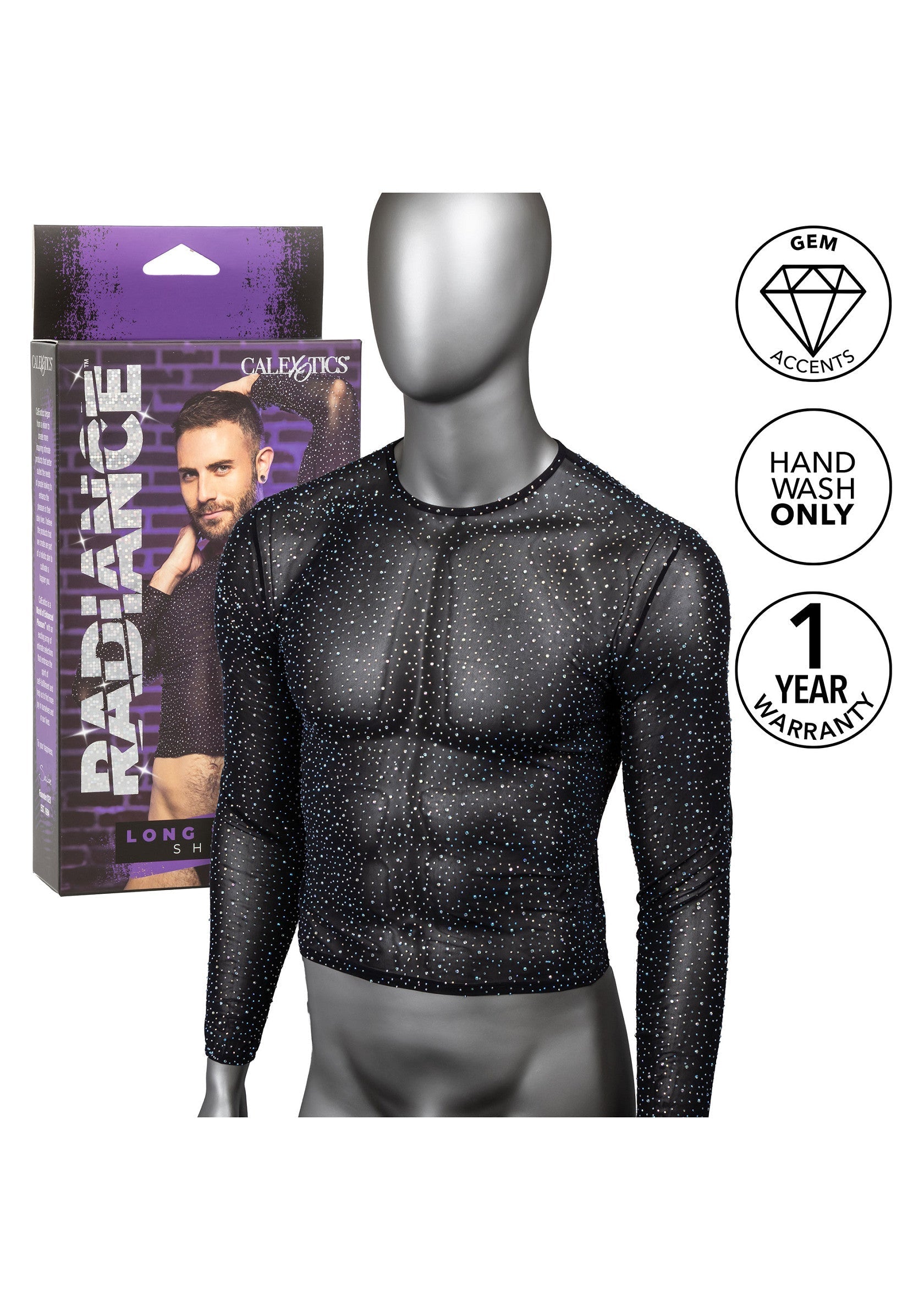 Haut à manches longues Radiance de Calexotics avec détails de pierres précieuses et garantie d'un an. Lavage à la main seulement.; Calexotics Radiance shirt met lange mouwen, edelsteenaccenten en 1 jaar garantie. Alleen handwas.; Calexotics Radiance long sleeve shirt with gem accents and a 1 year warranty. Hand wash only.