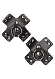 Cache-tétons en cuir noir clouté avec anneau central.; Zwarte leren tepelbedekkers met studs en een ring in het midden.; Black leather nipple covers with studs and a ring in the center.