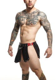 Jupe gladiateur noire en cuir cloutée, pour un look audacieux et original. Idéal pour les soirées à thème ou pour affirmer votre style.; Zwarte gladiatorskirt van leer met studs, voor een gedurfde en originele look. Ideaal voor themafeesten of om je stijl te bevestigen.; Studded leather gladiator skirt, for a bold and original look. Ideal for themed parties or to assert your style.