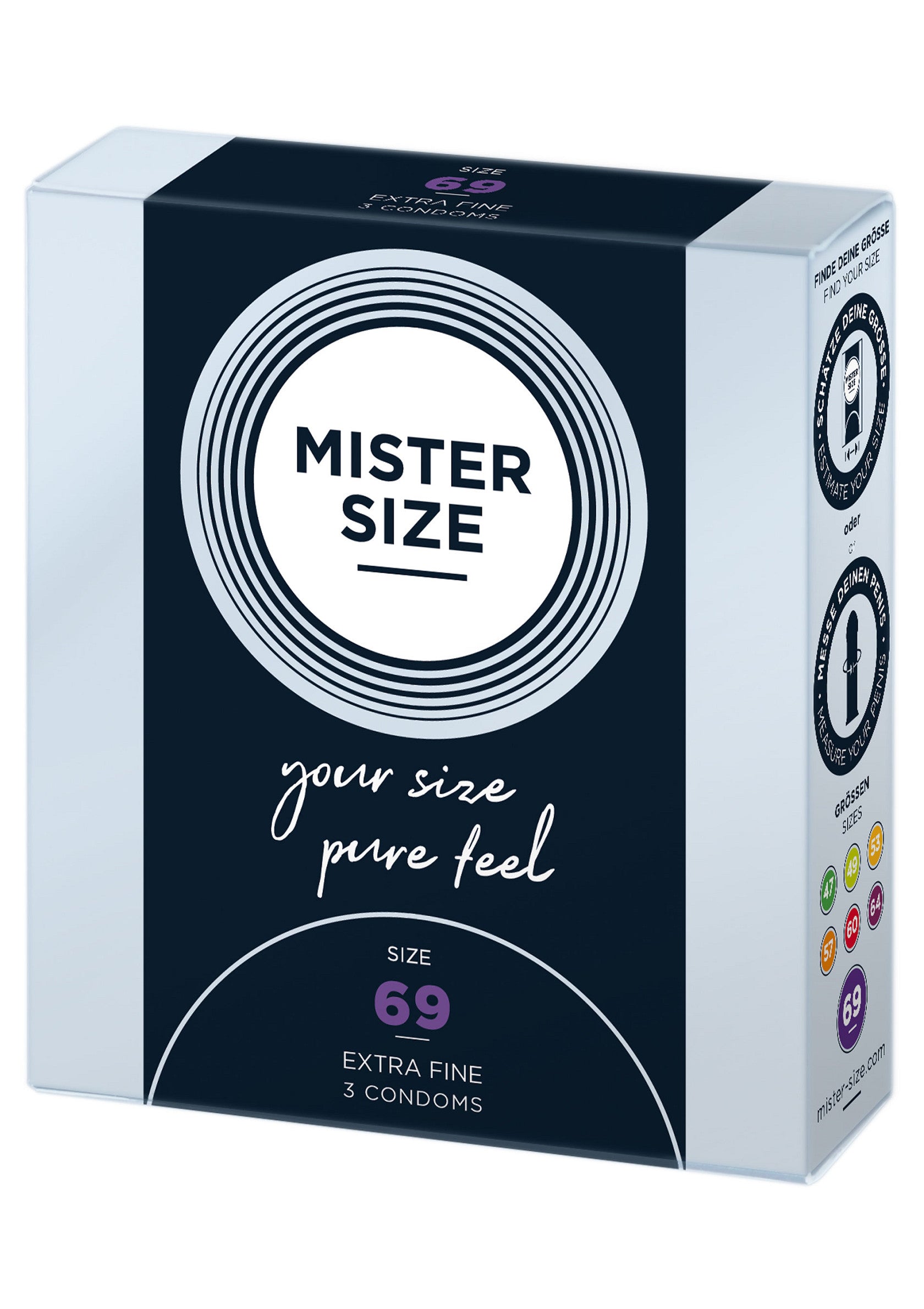 Préservatifs Mister Size 69, extra fins pour une sensation naturelle. Taille personnalisée pour un confort optimal et une protection fiable.; Mister Size 69 condooms, extra dun voor een natuurlijk gevoel. Op maat gemaakt voor optimaal comfort en betrouwbare bescherming.; Mister Size 69 condoms, extra thin for a natural feel. Custom sized for optimal comfort and reliable protection.