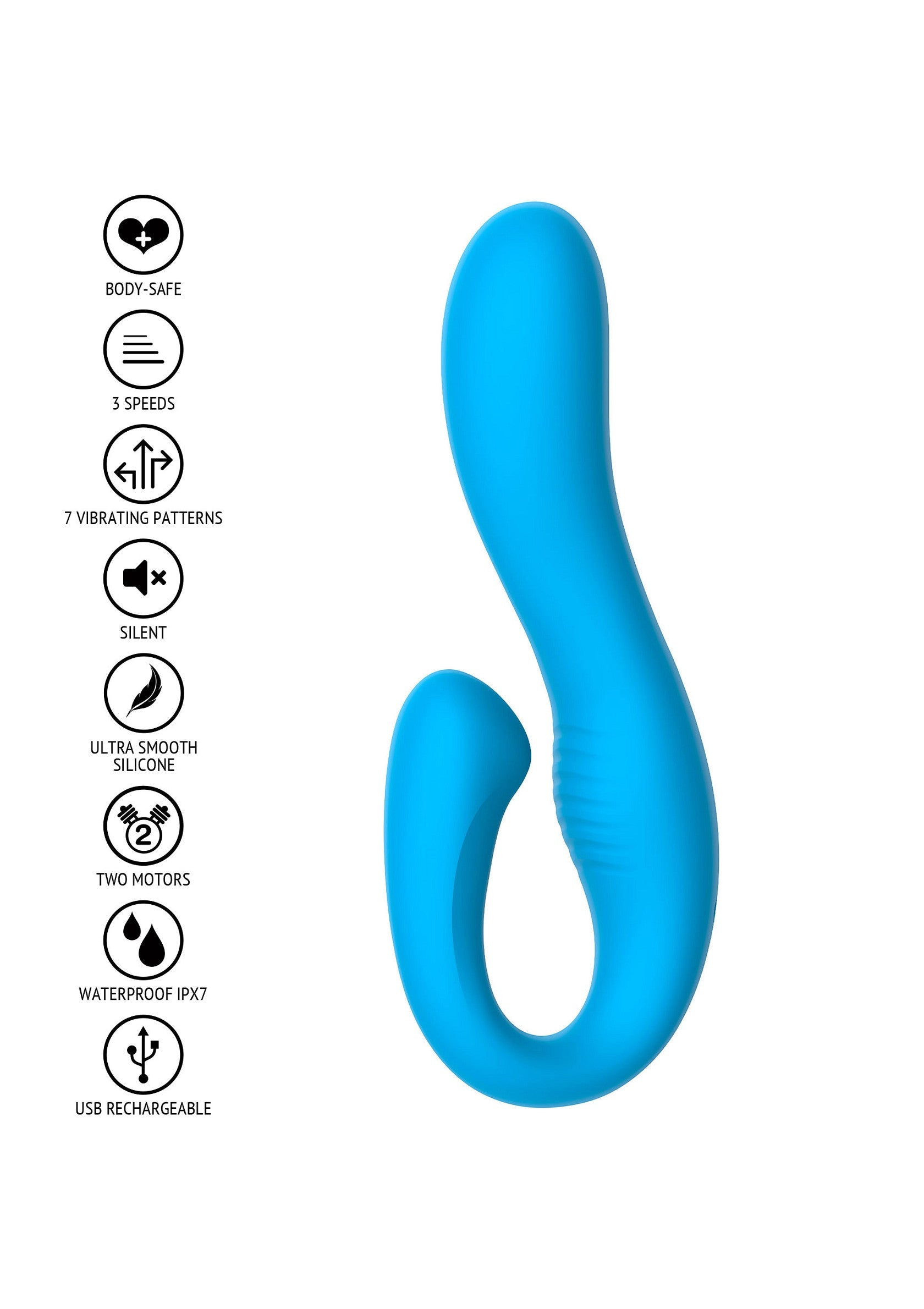 Vibromasseur incurvé bleu en silicone doux, rechargeable USB, étanche IPX7, avec 2 moteurs et 7 modes de vibration.; Blauwe gebogen vibrator van zachte siliconen, USB oplaadbaar, waterdicht IPX7, met 2 motoren en 7 vibratiemodi.; Blue curved vibrator made of soft silicone, USB rechargeable, waterproof IPX7, with 2 motors and 7 vibration modes.