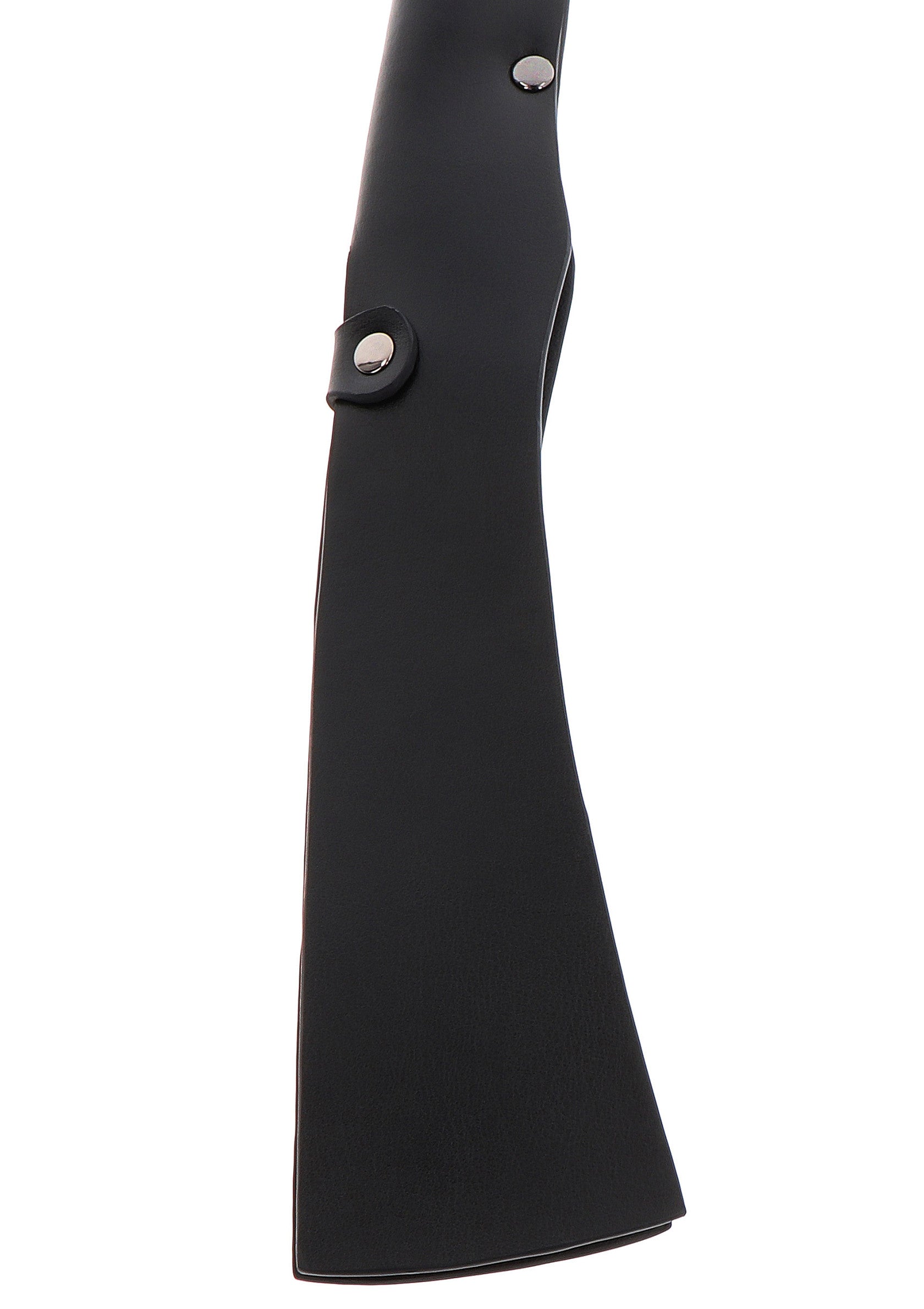 Étui de hache en cuir noir avec boutons pression pour la sécurité et la protection.; Zwarte lederen bijlhoes met drukknopen voor veiligheid en bescherming.; Black leather axe sheath with snap closures for safety and protection.