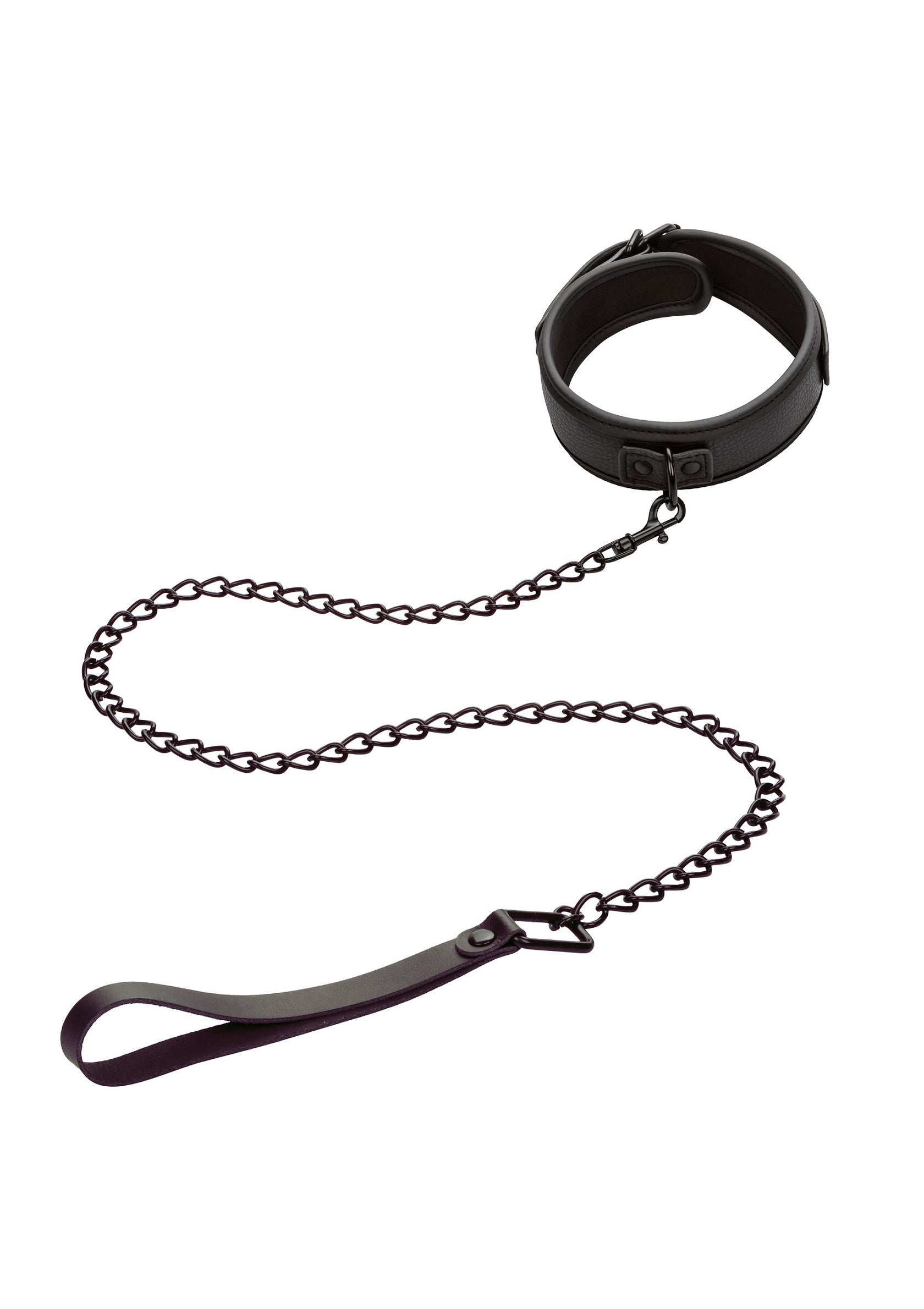 Collier et chaîne en cuir noir pour jeux de rôle adultes.; Zwarte lederen halsband en ketting voor volwassen rollenspellen.; Black leather collar and chain for adult role-playing games.