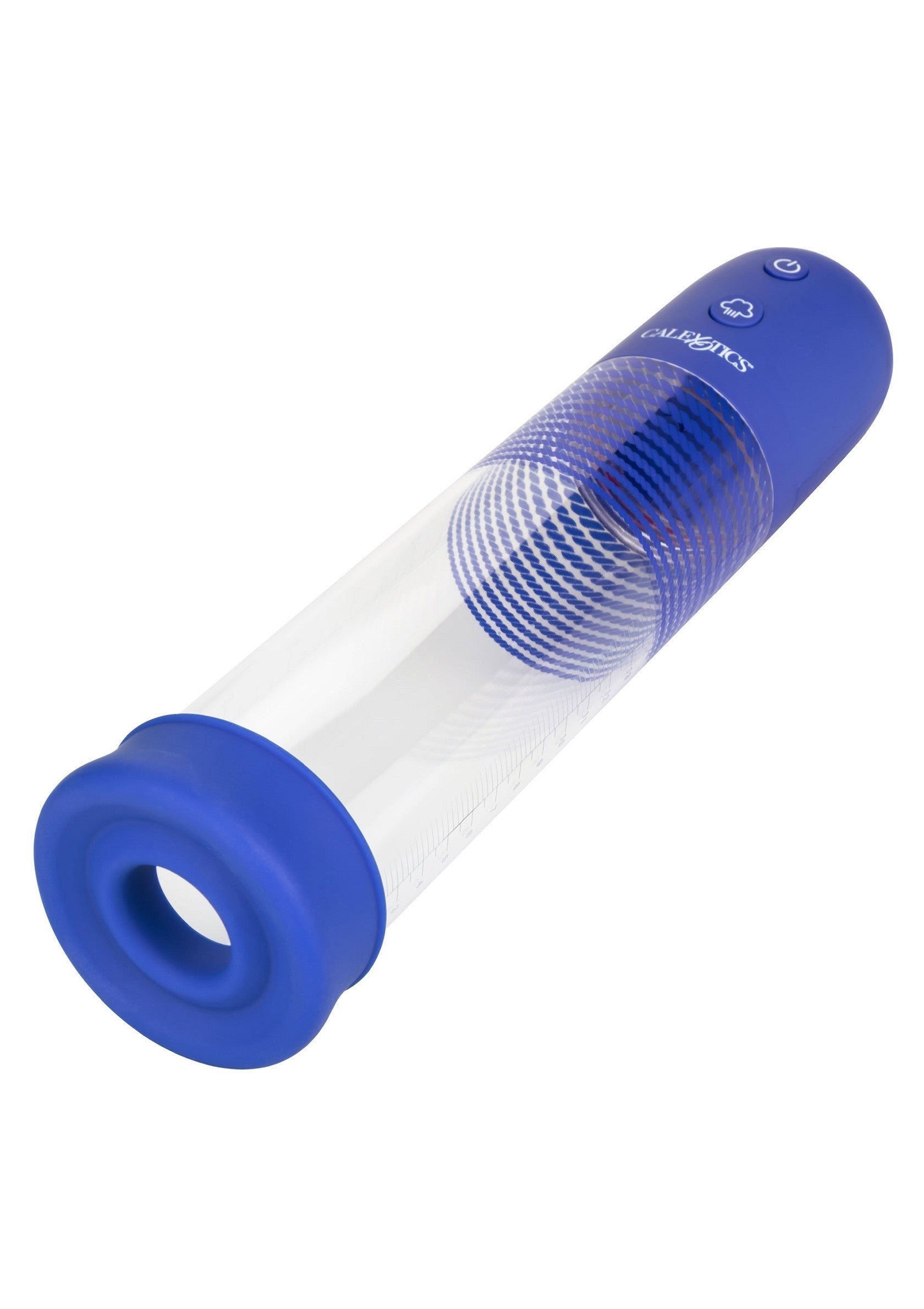Pompe à pénis automatique transparente et bleue avec panneau de contrôle sur le dessus.; Transparante en blauwe automatische penis pomp met bedieningspaneel aan de bovenkant.; Transparent and blue automatic penis pump with control panel on top.