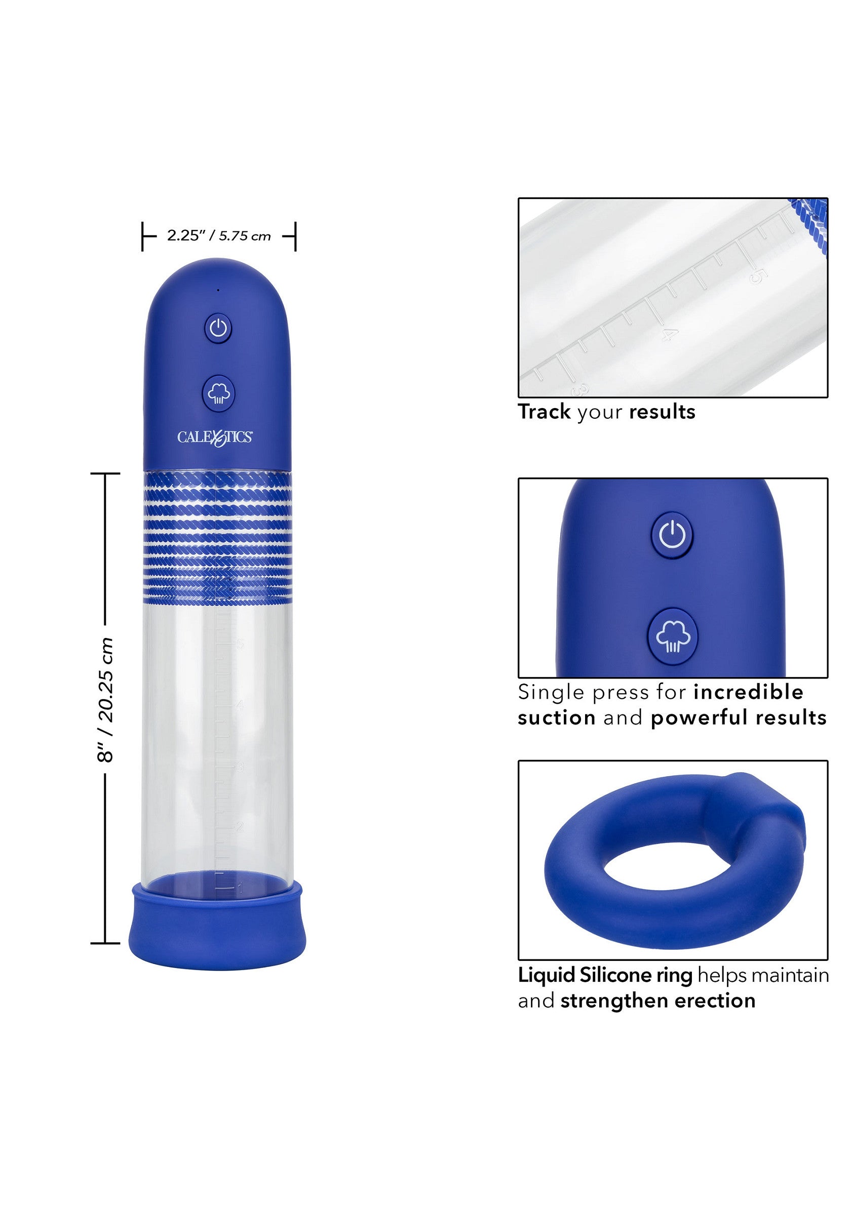 Pompe à pénis électrique bleue Calexotics pour hommes. Améliore la circulation et l'érection.; Calexotics blauwe elektrische penispomp voor mannen. Verbetert de circulatie en erectie.; Calexotics blue electric penis pump for men. Improves circulation and erection.