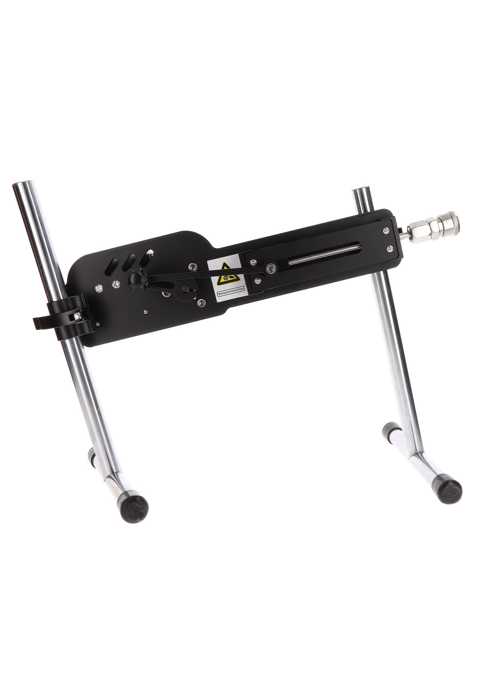 Machine à sexe avec support en acier inoxydable et base noire réglable.; Sexmachine met roestvrijstalen standaard en verstelbare zwarte basis.; Sex machine with stainless steel stand & adjustable black base.