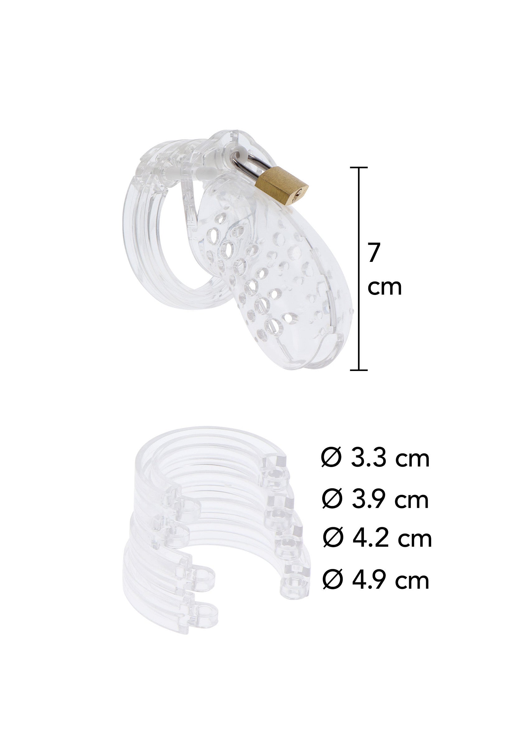 Cage de chasteté masculine transparente avec cadenas et anneaux de différentes tailles pour un ajustement parfait.; Transparante kuisheidskooi voor mannen met slot en ringen in verschillende maten voor een perfecte pasvorm.; Transparent male chastity device with lock and rings in different sizes for a perfect fit.