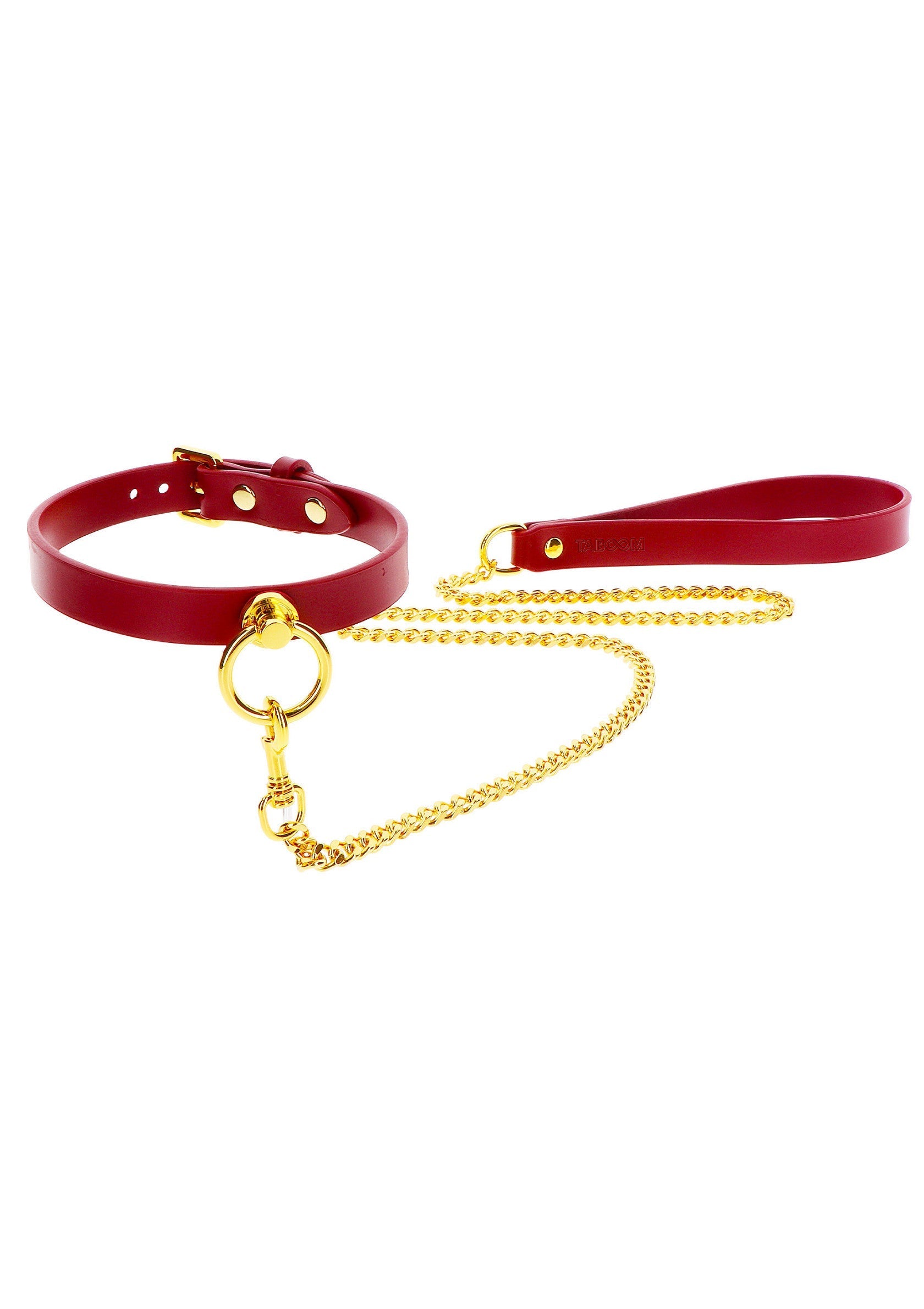 Collier et laisse rouges élégants avec chaîne dorée. Accessoire de mode audacieux et raffiné.; Elegante rode halsband en riem met gouden ketting. Een gedurfd en verfijnd modeaccessoire.; Elegant red collar and leash with gold chain. A bold and refined fashion accessory.