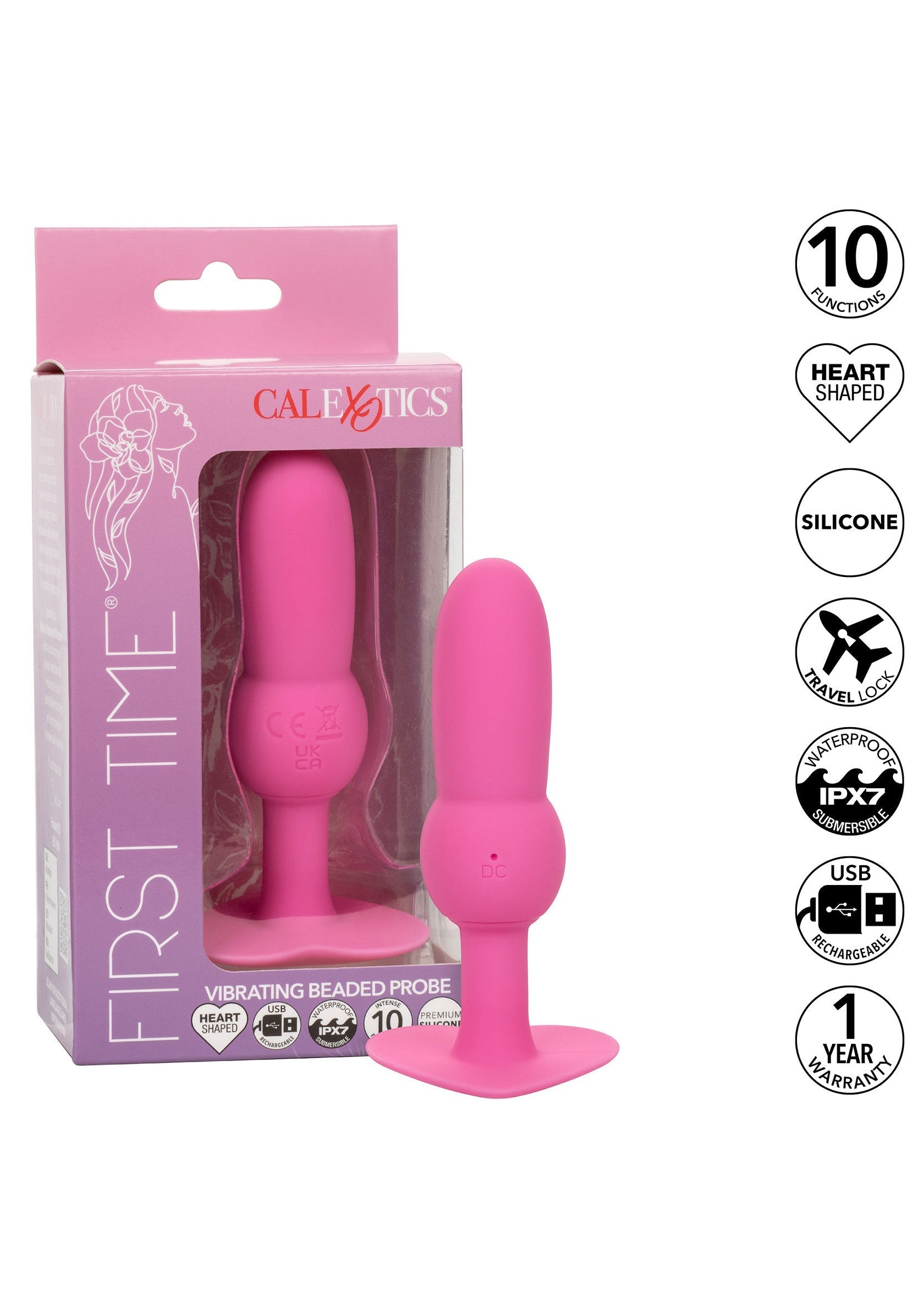 Sonde vibrante perlée rose 'First Time' CalExotics, idéale pour l'exploration. 10 modes, silicone sûr, étanche et rechargeable USB.; CalExotics 'First Time' roze, vibrerende, kralen sonde. Perfect voor verkenning. 10 standen, veilig siliconen, waterdicht en USB oplaadbaar.; CalExotics 'First Time' pink vibrating beaded probe. Perfect for exploration. 10 functions, safe silicone, waterproof and USB rechargeable.