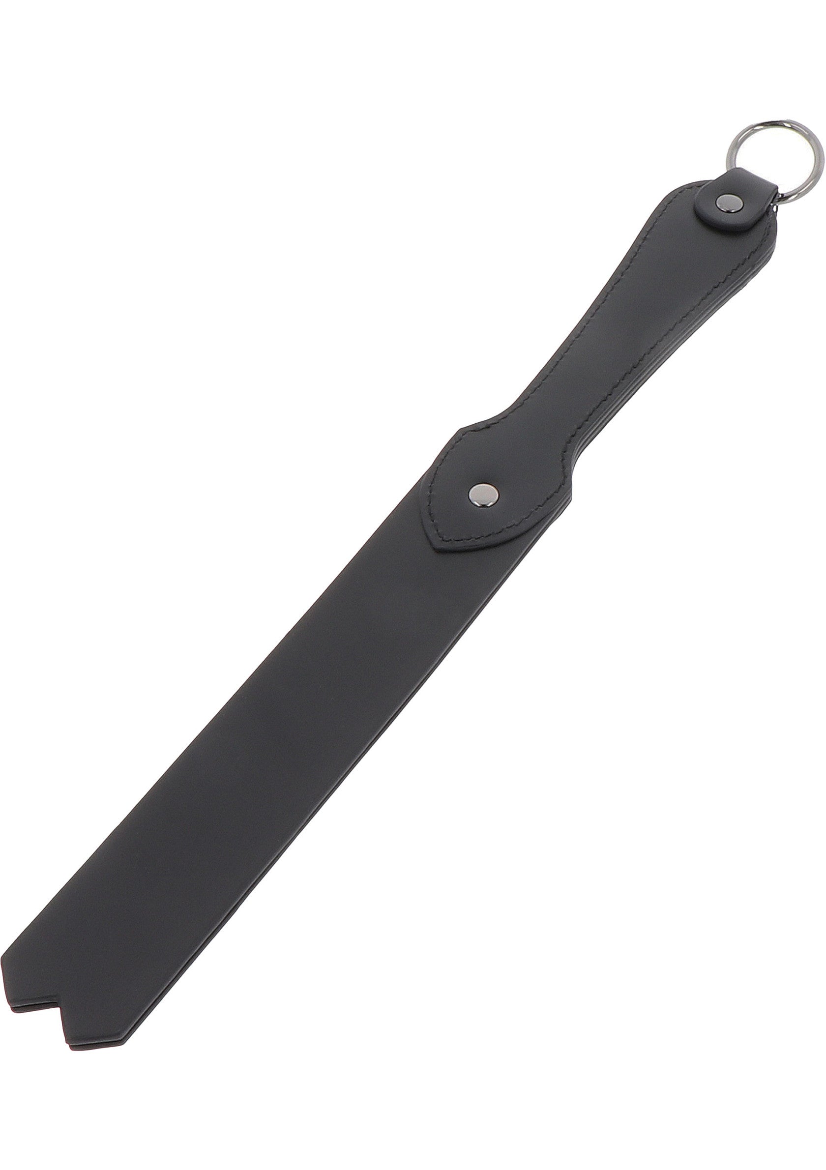 Palette de fessée en cuir noir avec anneau, accessoire BDSM pour jeux de rôle et domination.; Zwarte lederen paddle met ring, BDSM-accessoire voor rollenspel en dominantie.; Black leather paddle with ring, BDSM accessory for role play and dominance.