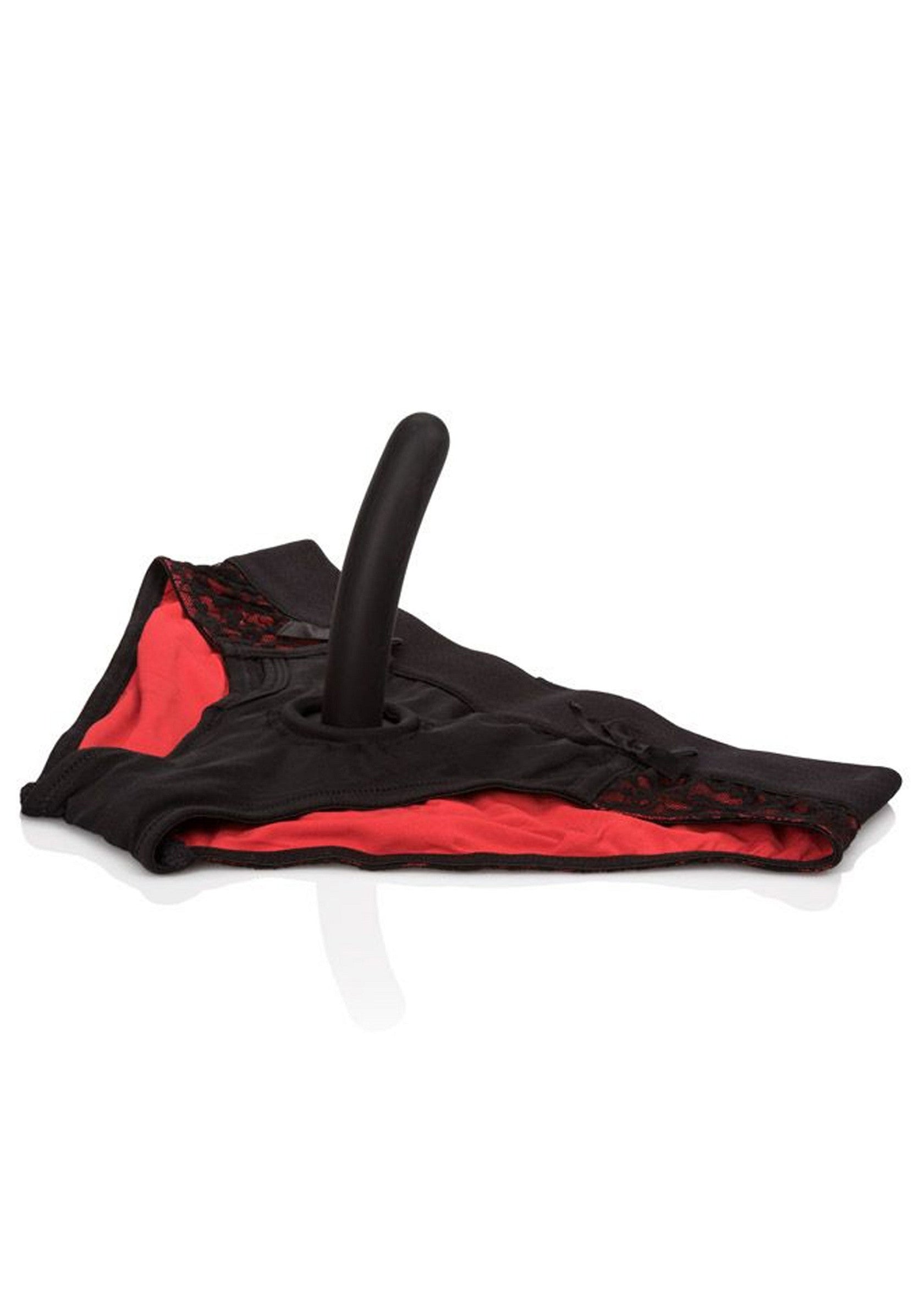 Culotte avec gode intégré, noire et rouge, pour des moments intimes et excitants.; Slip met ingebouwde dildo, zwart en rood, voor intieme en opwindende momenten.; Panties with built-in dildo, black and red, for intimate and exciting moments.