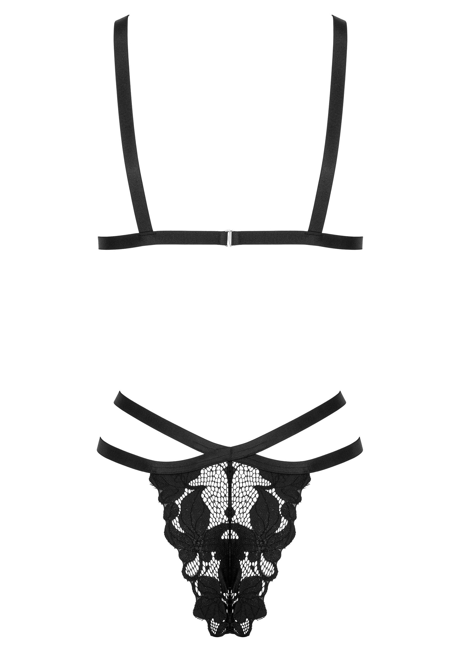 Ensemble de lingerie noire en dentelle florale avec bretelles.; Zwarte lingerie set van bloemenkant met bandjes.; Black floral lace lingerie set with straps.
