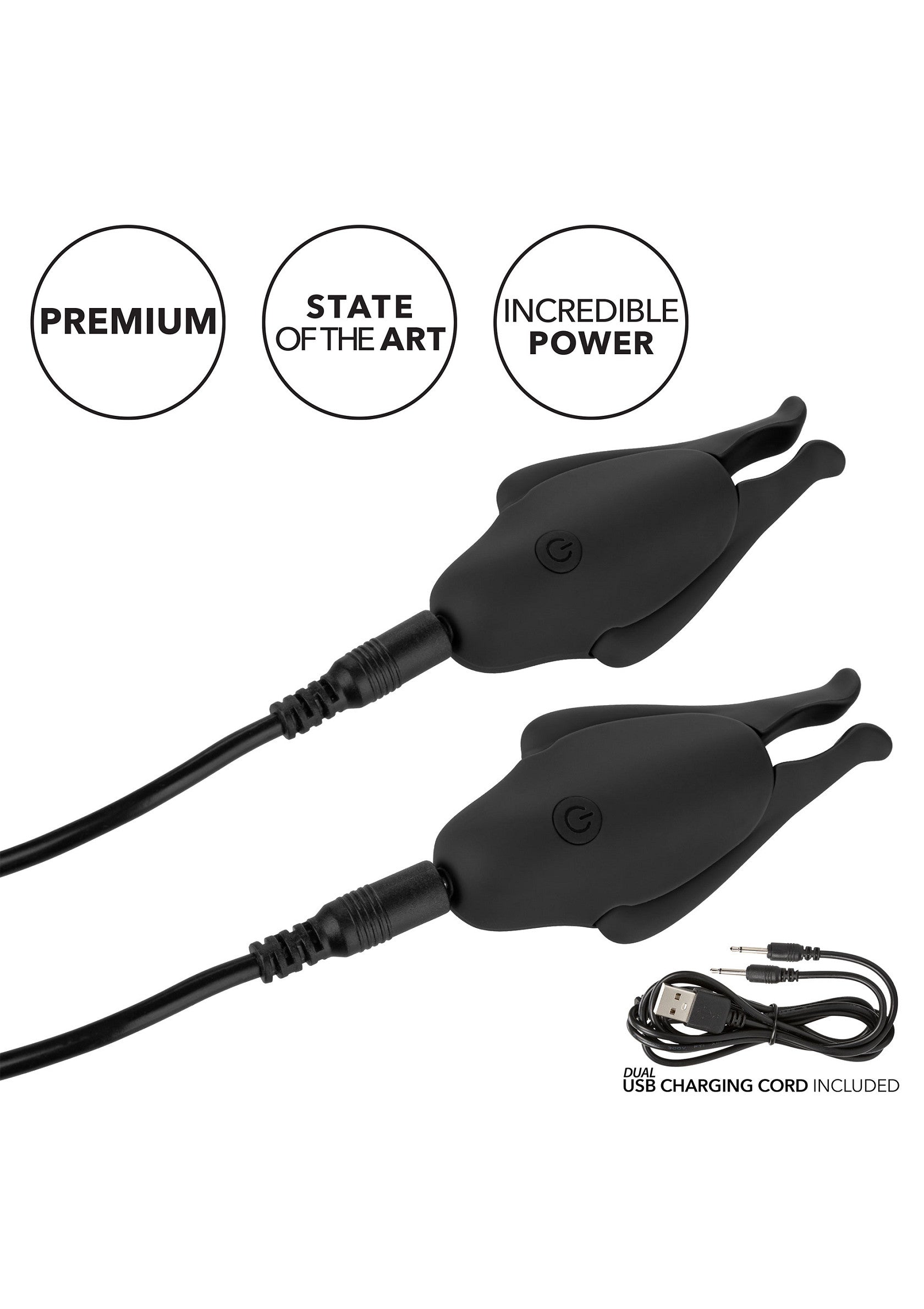 Pinces à tétons électriques haut de gamme avec câble USB pour une puissance incroyable.; Premium elektrische tepelklemmen met USB-kabel voor ongelooflijke kracht.; Premium electric nipple clamps with USB cord for incredible power.