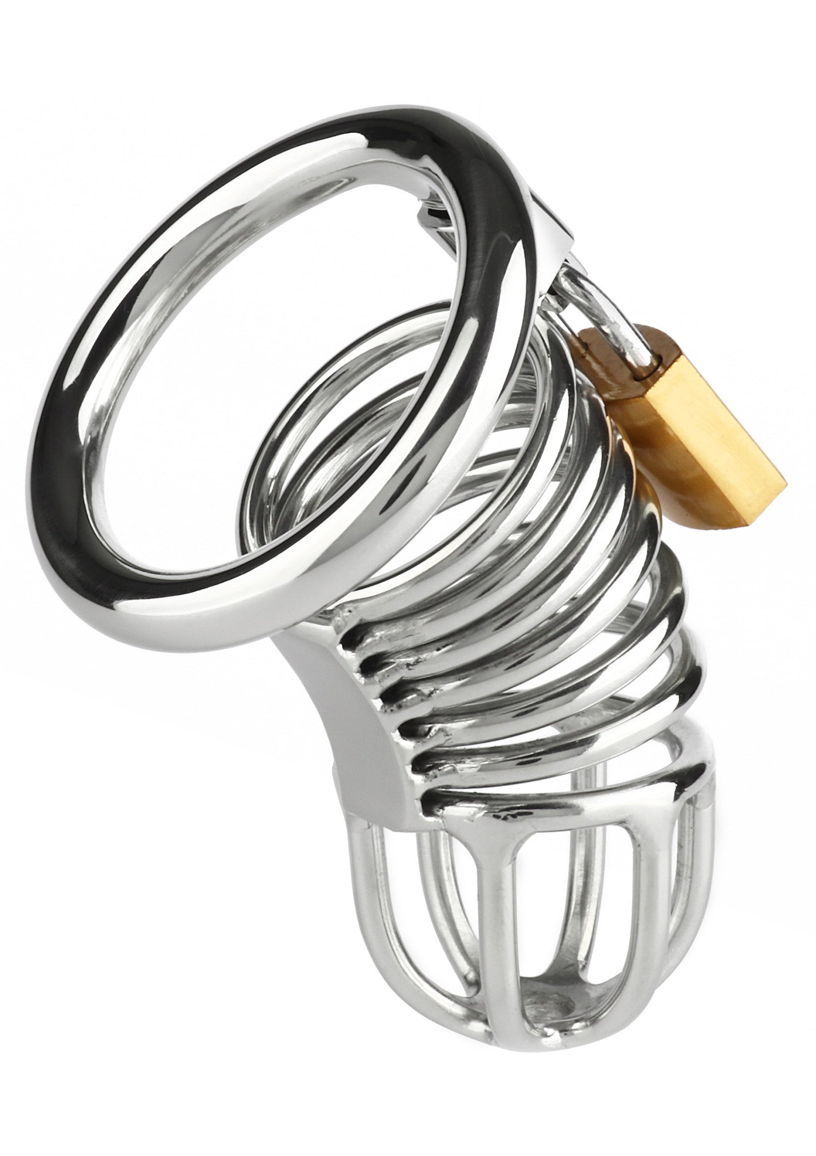Cage de chasteté masculine en acier inoxydable avec cadenas pour le contrôle et la soumission.; Roestvrijstalen kuisheidsgordel voor mannen met slot voor controle en onderwerping.; Stainless steel male chastity cage with lock for control and submission.