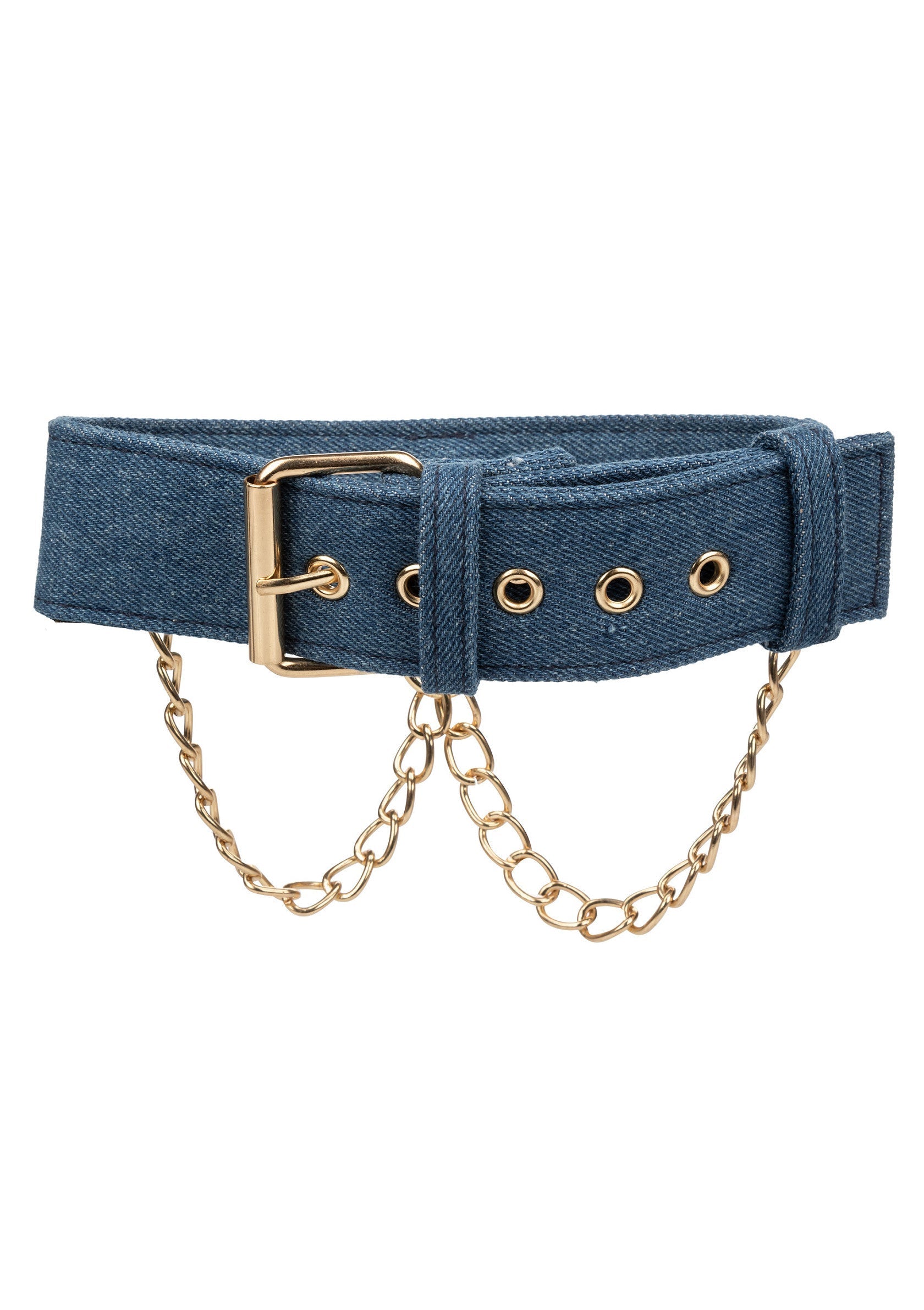 Ceinture en jean bleu avec chaîne dorée. Accessoire de mode tendance.; Blauwe jeans riem met gouden ketting. Trendy mode accessoire.; Blue denim belt with gold chain. Trendy fashion accessory.
