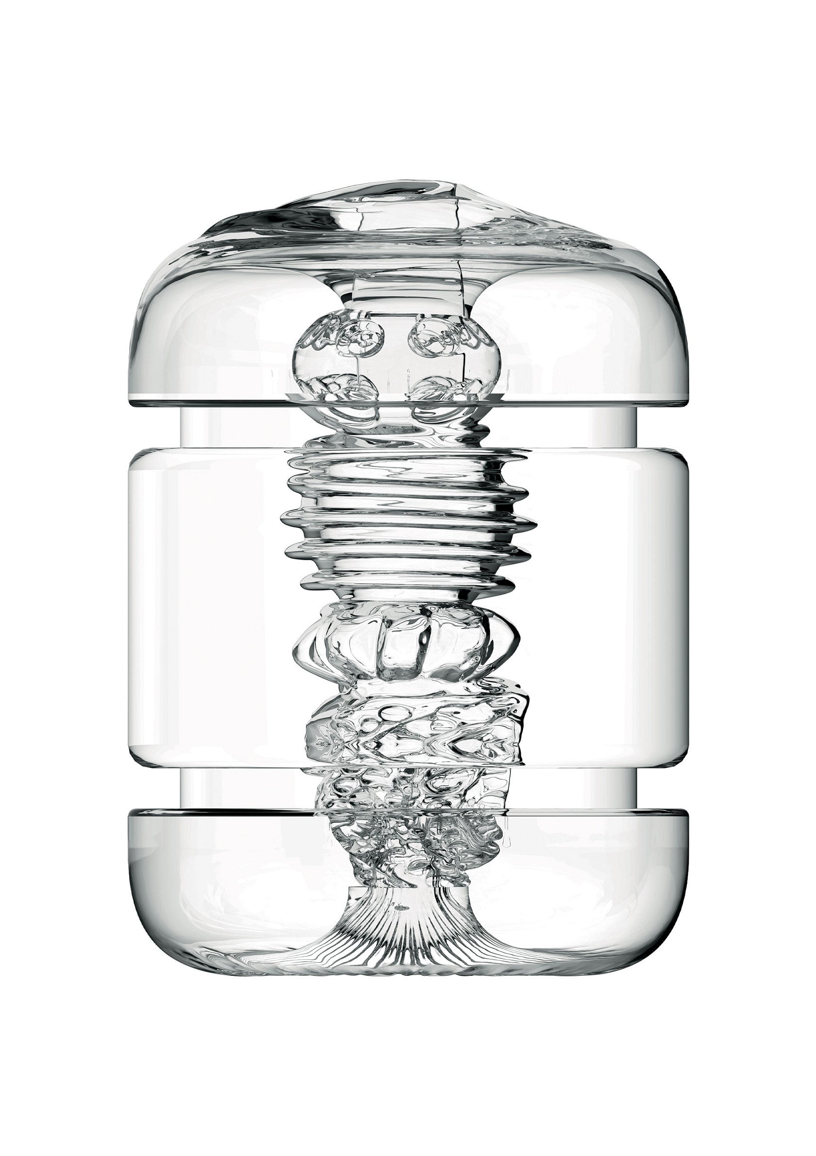 Manchon de masturbation transparent texturé pour une sensation unique.; Transparante masturbator met textuur voor een uniek gevoel.; Textured clear masturbator sleeve for a unique sensation.