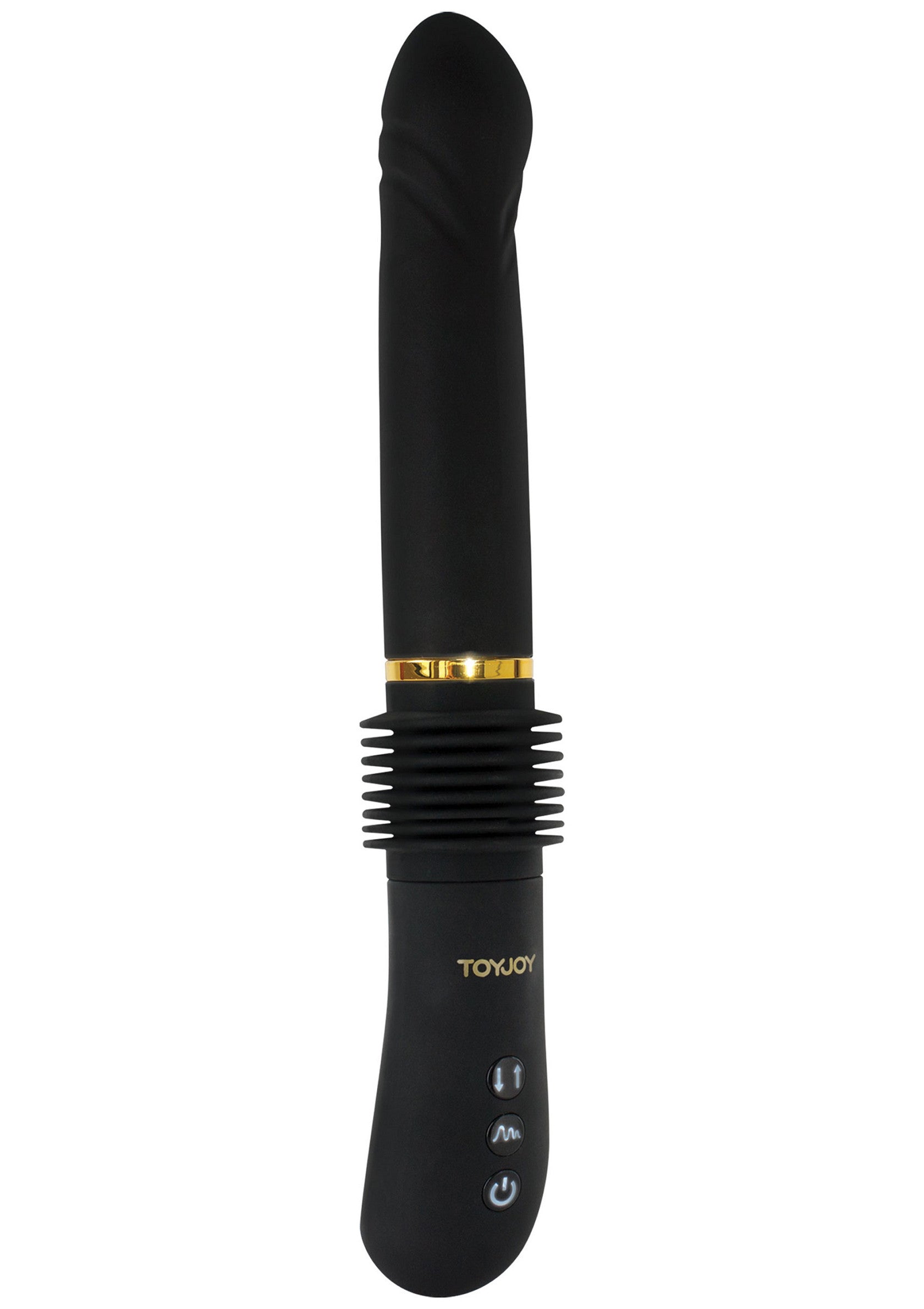 Vibromasseur noir ToyJoy avec manche à côtes pour des sensations intenses.; ToyJoy zwarte vibrator met geribbelde schacht voor intense sensaties.; ToyJoy black vibrator with ribbed shaft for intense sensations.