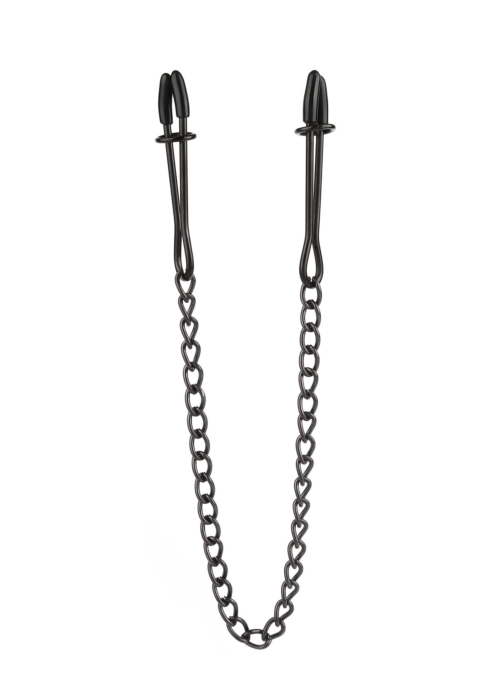 Pinces à tétons noires avec chaîne. Accessoires coquins pour pimenter votre vie amoureuse !; Zwarte tepelklemmen met ketting. Speelse accessoires om je liefdesleven op te fleuren!; Black nipple clamps with chain. Playful accessories to spice up your love life!