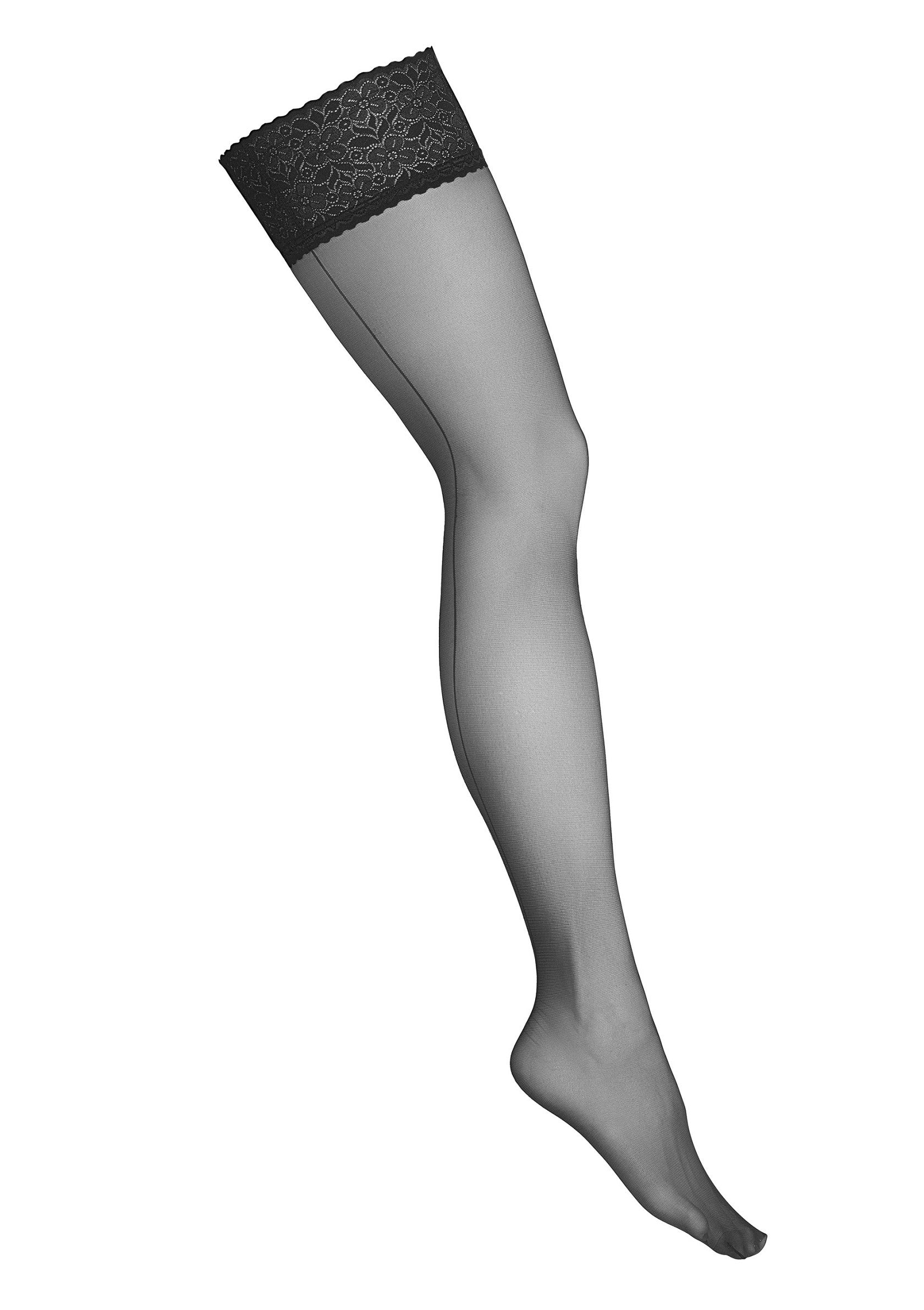 Bas autofixants noirs élégants avec bordure en dentelle pour une touche de sophistication.; Elegante zwarte kousenbanden met kanten rand voor een verfijnde uitstraling.; Elegant black stay-up stockings with lace trim for a sophisticated touch.