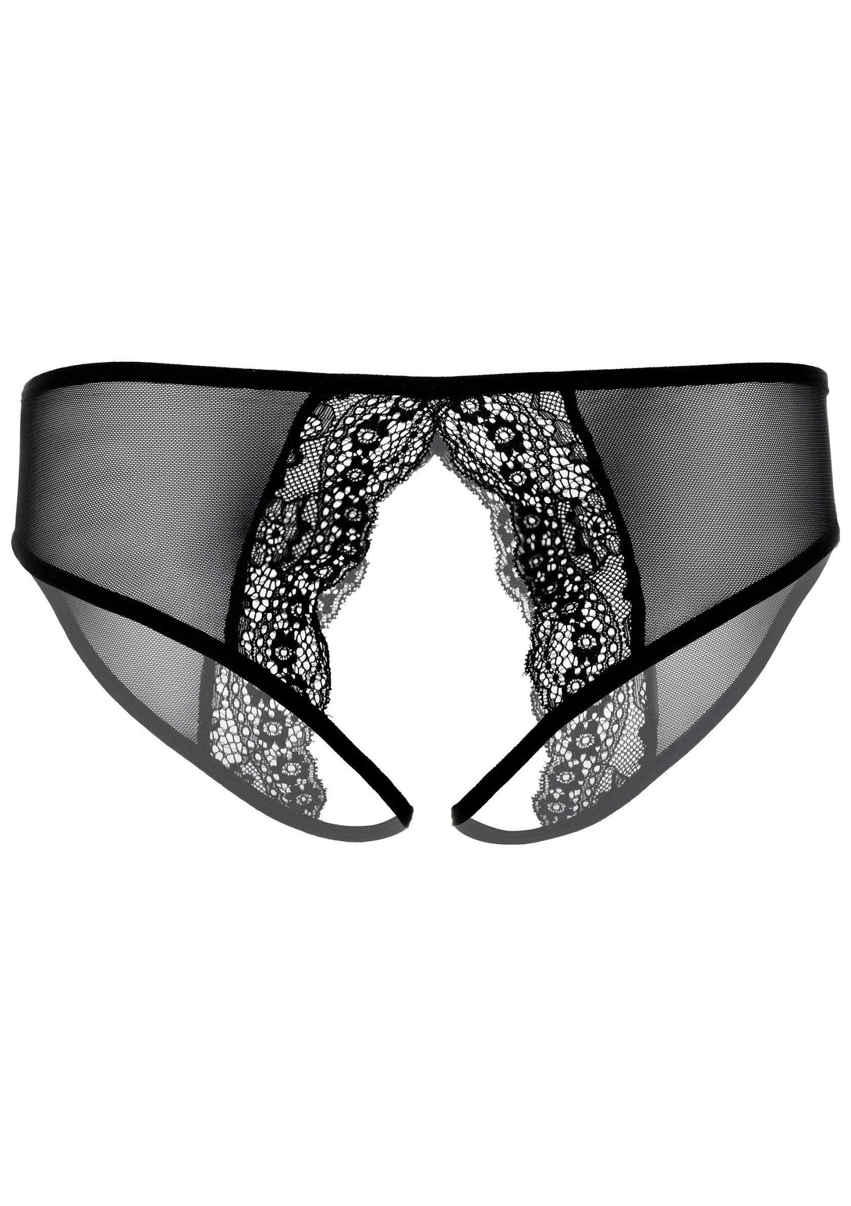 Culotte ouverte en maille noire avec détails en dentelle florale. Lingerie sexy et féminine pour les moments coquins.; Open kruis slip van zwart gaas met bloemendetails. Sexy, vrouwelijk lingerie voor spannende momenten.; Black mesh open crotch panty with floral lace details. Sexy, feminine lingerie for flirty moments.