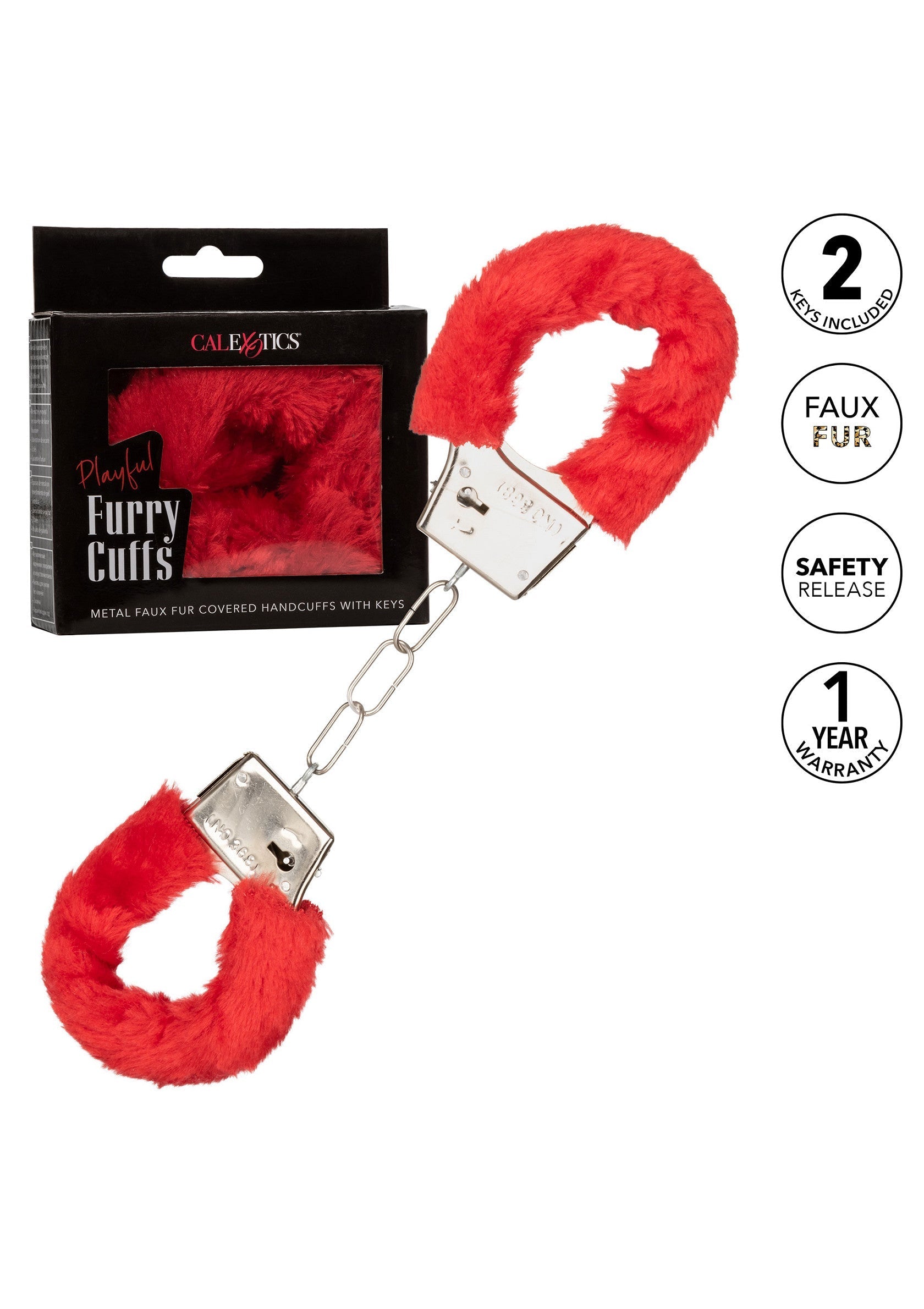 Menottes en fausse fourrure rouge CalExotics. Accessoire coquin pour adultes, avec clés et libération de sécurité. Garantie 1 an.; CalExotics rode pluche handboeien. Speels accessoire voor volwassenen, met sleutels en veiligheidsontgrendeling. 1 jaar garantie.; CalExotics red faux fur handcuffs. Playful adult novelty item, includes keys & safety release. One year warranty.