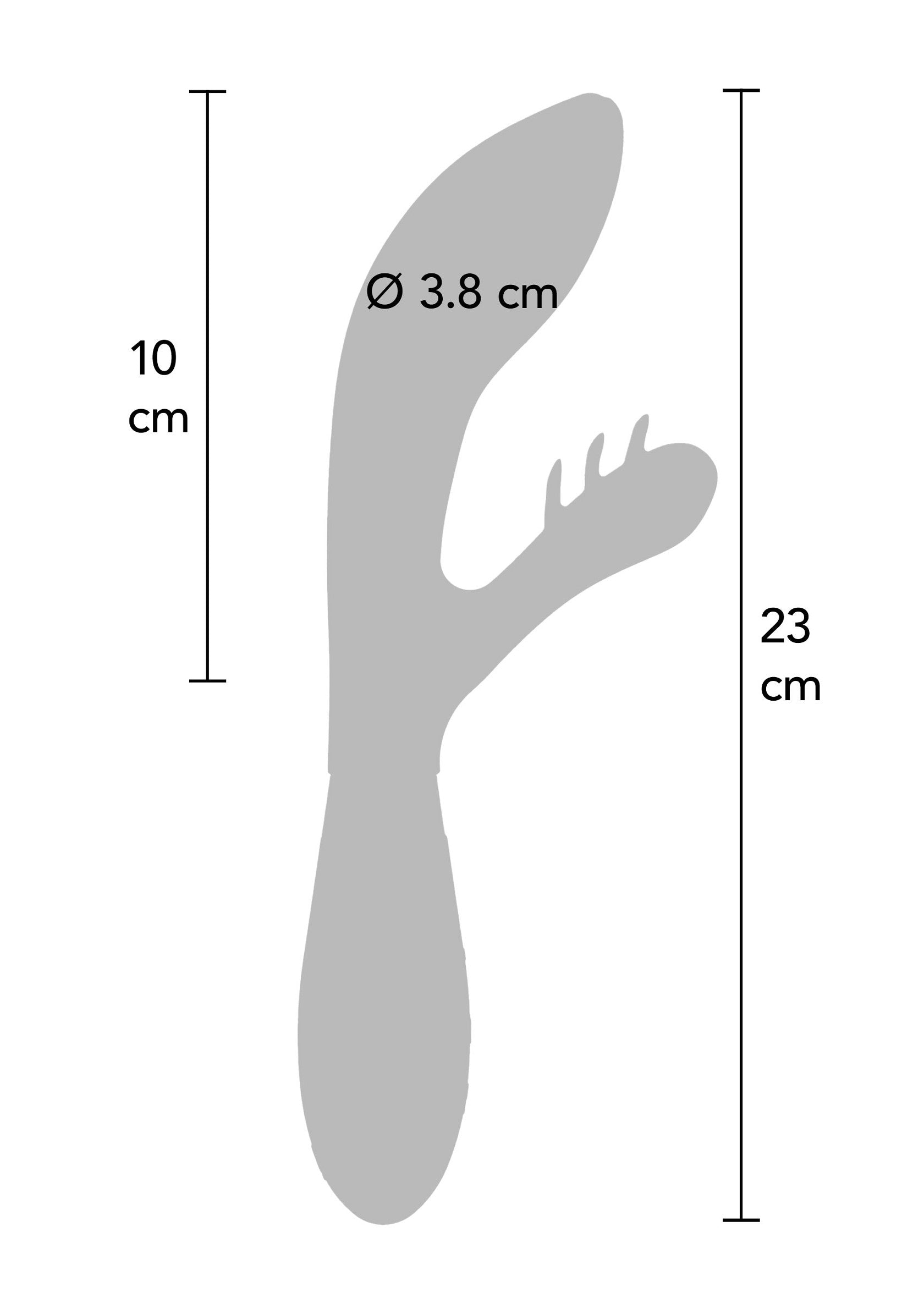 Vibromasseur de couple avec dimensions indiquées. Idéal pour le plaisir partagé et l'exploration sensuelle. Diamètre de 3.8cm, longueur de 23cm.; Koppel vibrator met afmetingen aangegeven. Ideaal voor gedeeld plezier en sensuele exploratie. Diameter van 3.8cm, lengte van 23cm.; Couple vibrator with dimensions shown. Ideal for shared pleasure and sensual exploration. Diameter of 3.8cm, length of 23cm.