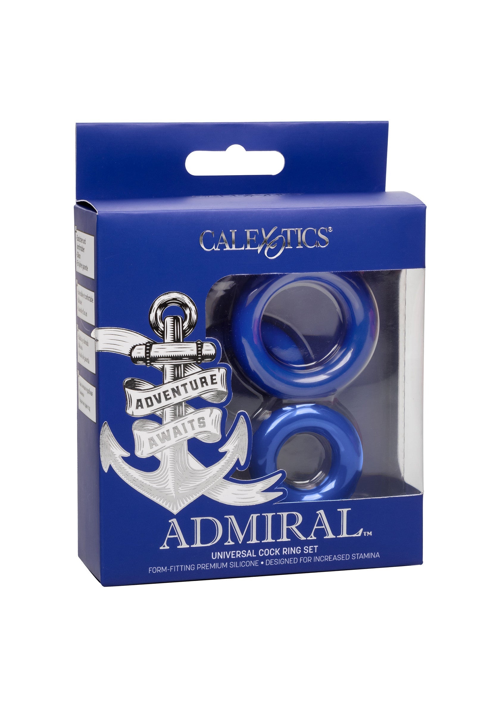 Ensemble d'anneaux péniens Admiral de CalExotics, universel, en silicone de qualité supérieure pour une endurance accrue.; CalExotics Admiral cockring set, universeel, van premium silicone voor meer uithoudingsvermogen.; CalExotics Admiral cock ring set, universal, form-fitting premium silicone designed for increased stamina.