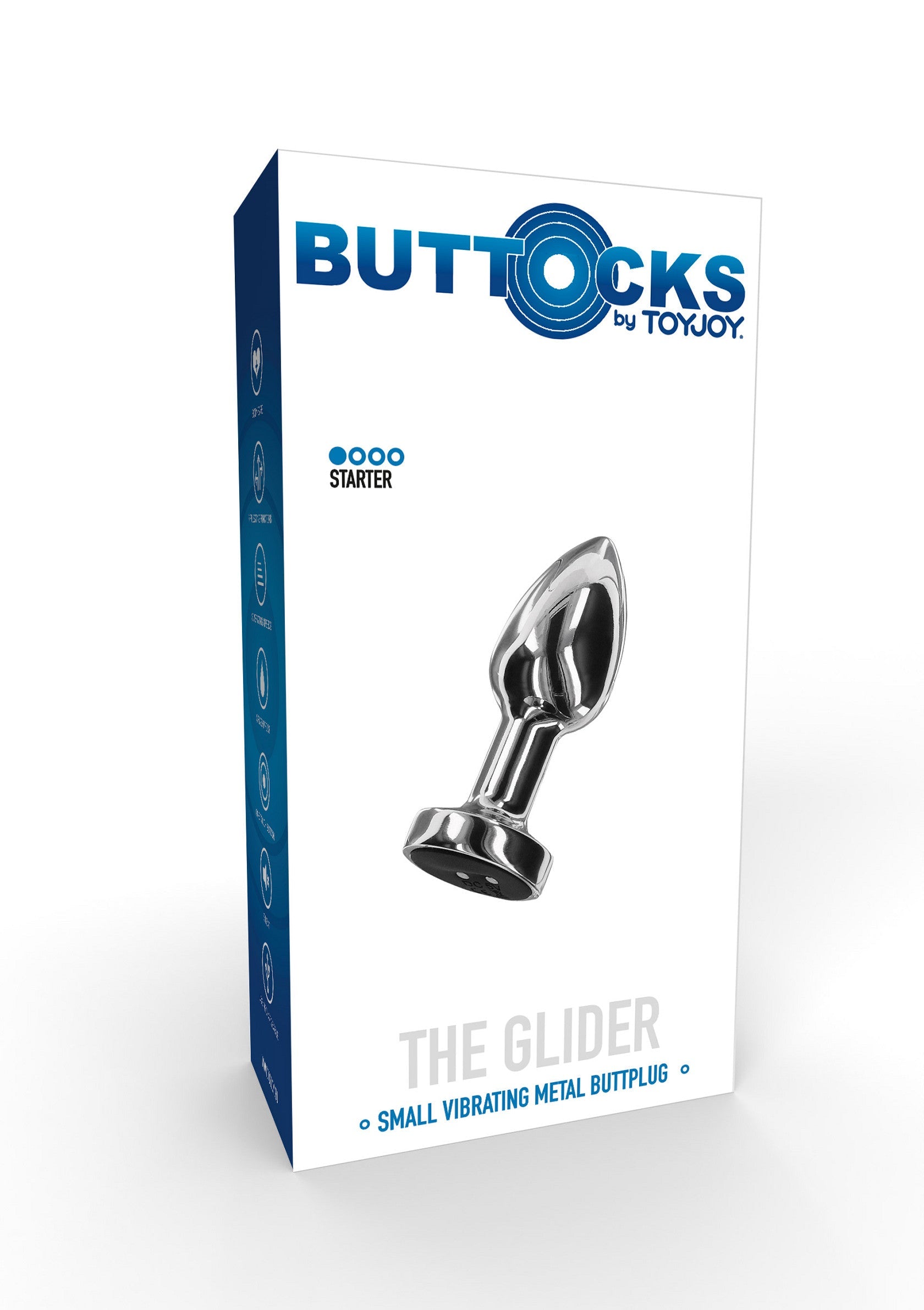 Buttocks The Glider de Toyjoy. Petit plug anal vibrant en métal pour débutants.; Buttocks The Glider van Toyjoy. Kleine vibrerende metalen buttplug voor beginners.; Buttocks The Glider by Toyjoy. Small vibrating metal buttplug for beginners.