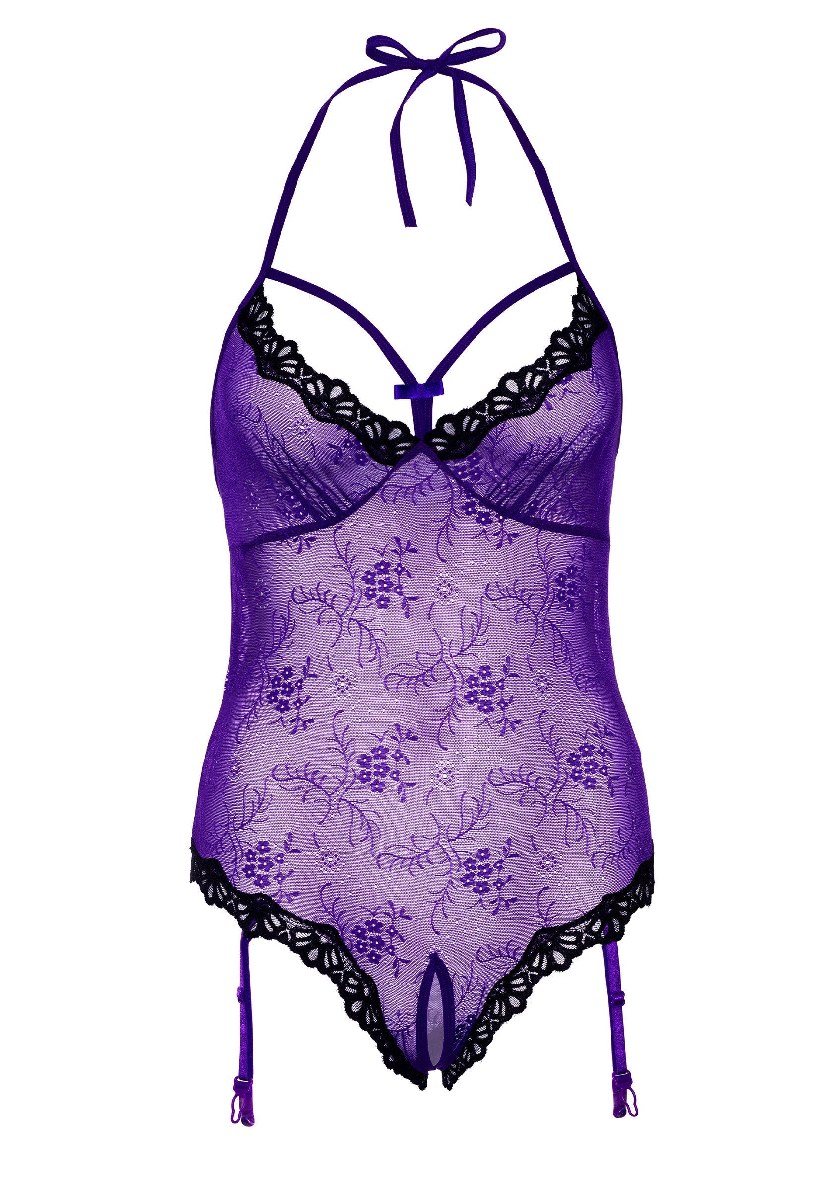 Body violet en dentelle florale avec jarretelles.; Paarse kanten body met bloemenmotief en jarretels.; Purple floral lace halterneck body with garter straps.