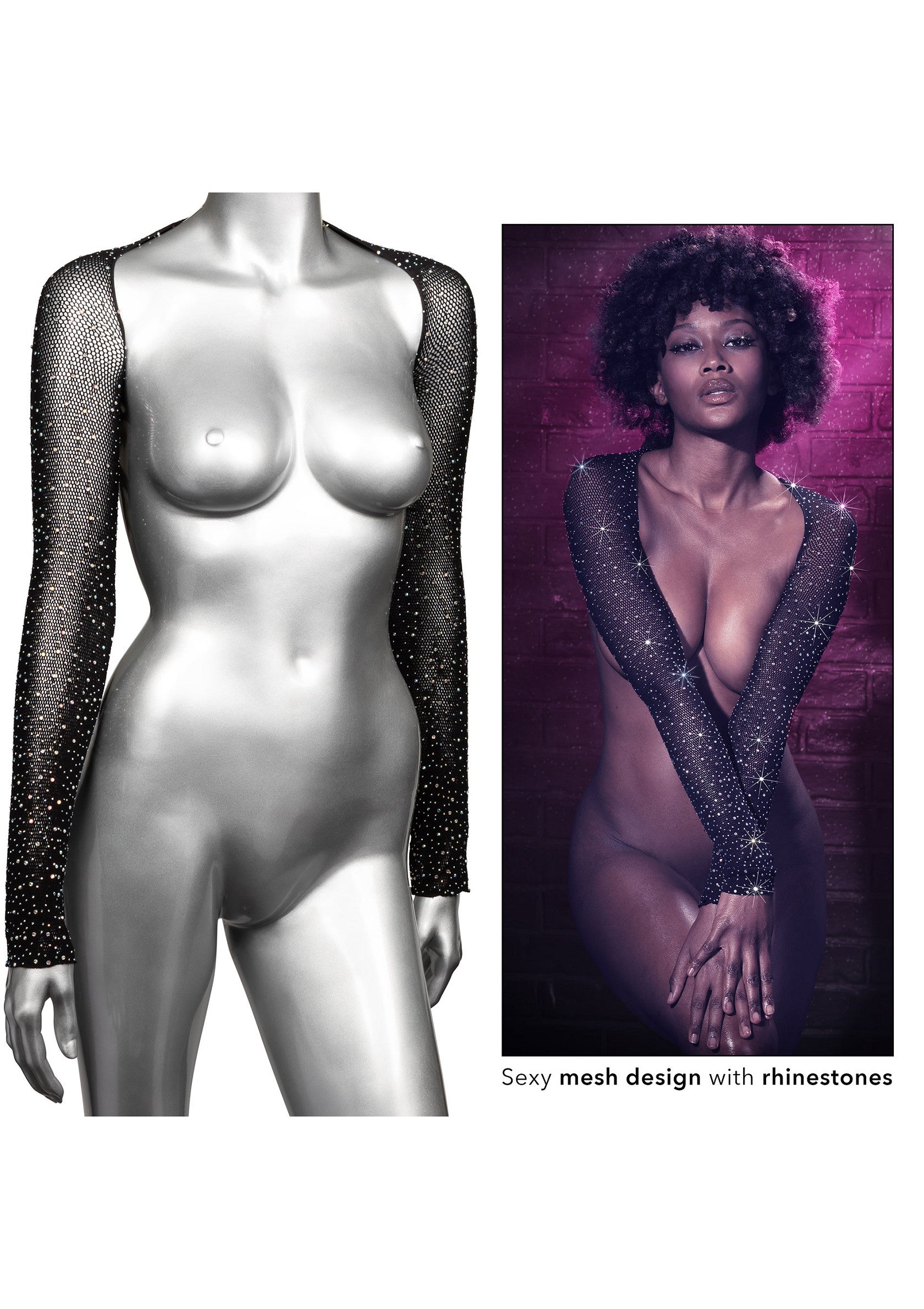 Haut en résille sexy avec des strass. Ajoutez une touche glamour à votre look. Achetez maintenant!; Sexy mesh top met strass steentjes. Voeg een glamoureuze touch toe aan je look. Koop nu!; Sexy mesh shrug with rhinestones. Add a glamorous touch to your look. Shop now!