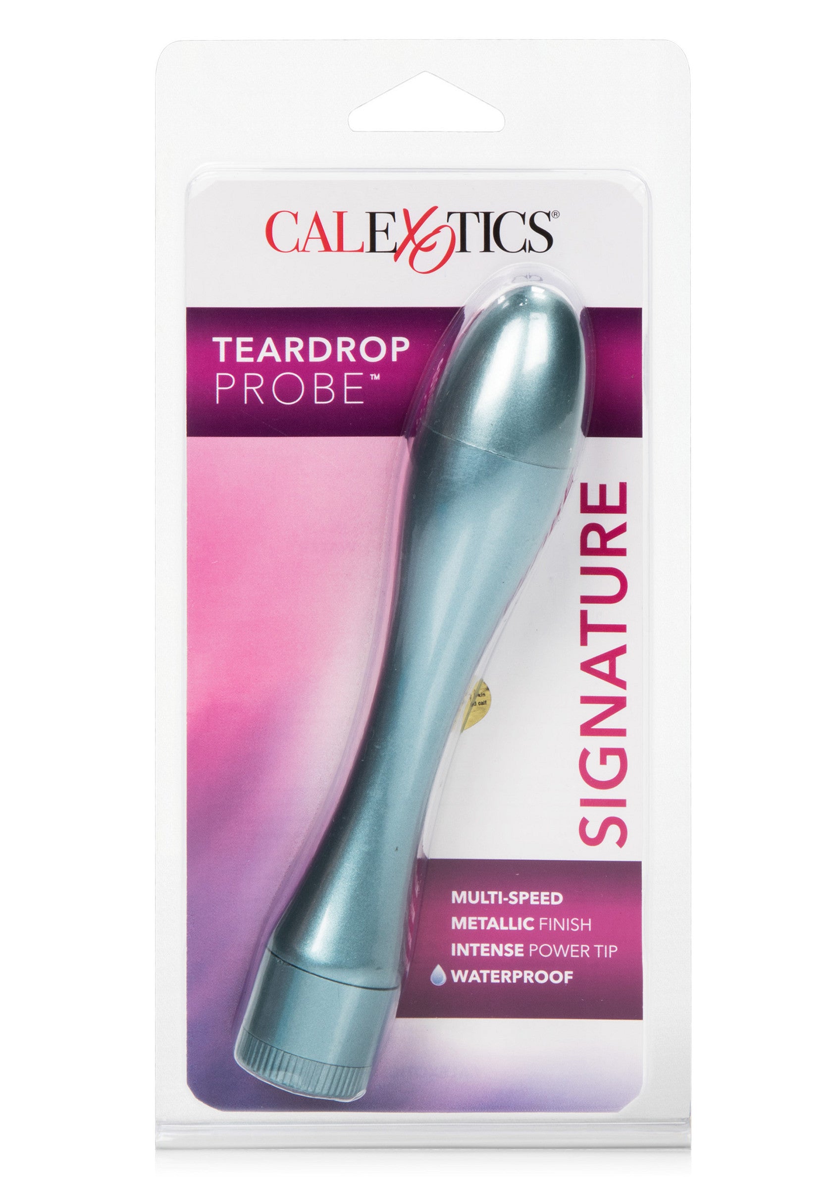CalExotics Teardrop Probe Signature - sonde de massage multi-vitesses, finition métallique, pointe puissante et étanche.; CalExotics Teardrop Probe Signature - multi-speed massage sonde, metallic finish, intense power tip en waterproof.; CalExotics Teardrop Probe Signature - multi-speed massage probe, metallic finish, intense power tip & waterproof.