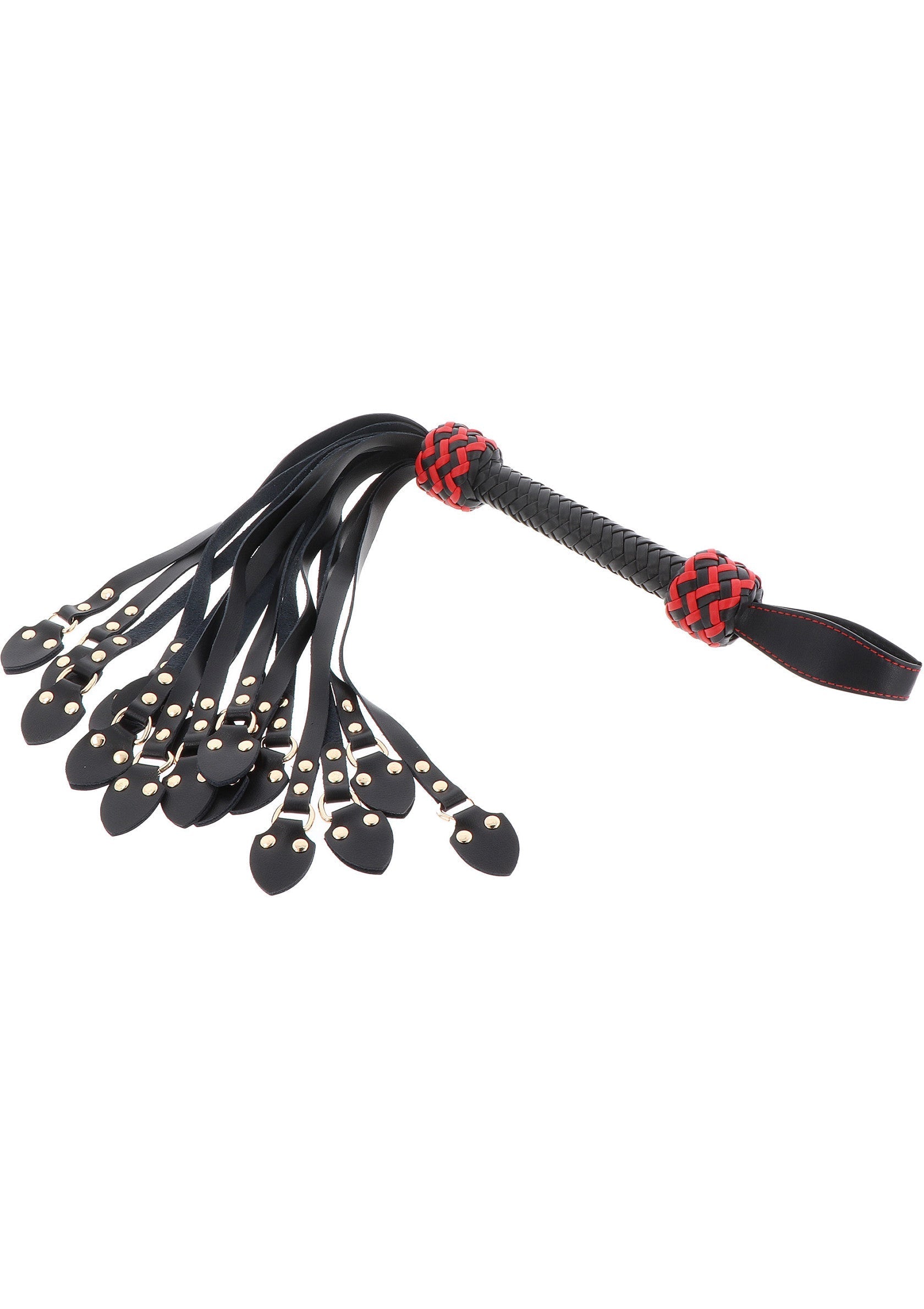 Cravache noire et rouge, accessoire de plaisir pour jeux de rôle et domination. Matériaux de qualité, design élégant.; Zwart-rode zweep, plezieraccessoire voor rollenspellen en dominantie. Hoogwaardige materialen, elegant design.; Black and red flogger, pleasure accessory for role-playing and dominance. Quality materials, elegant design.