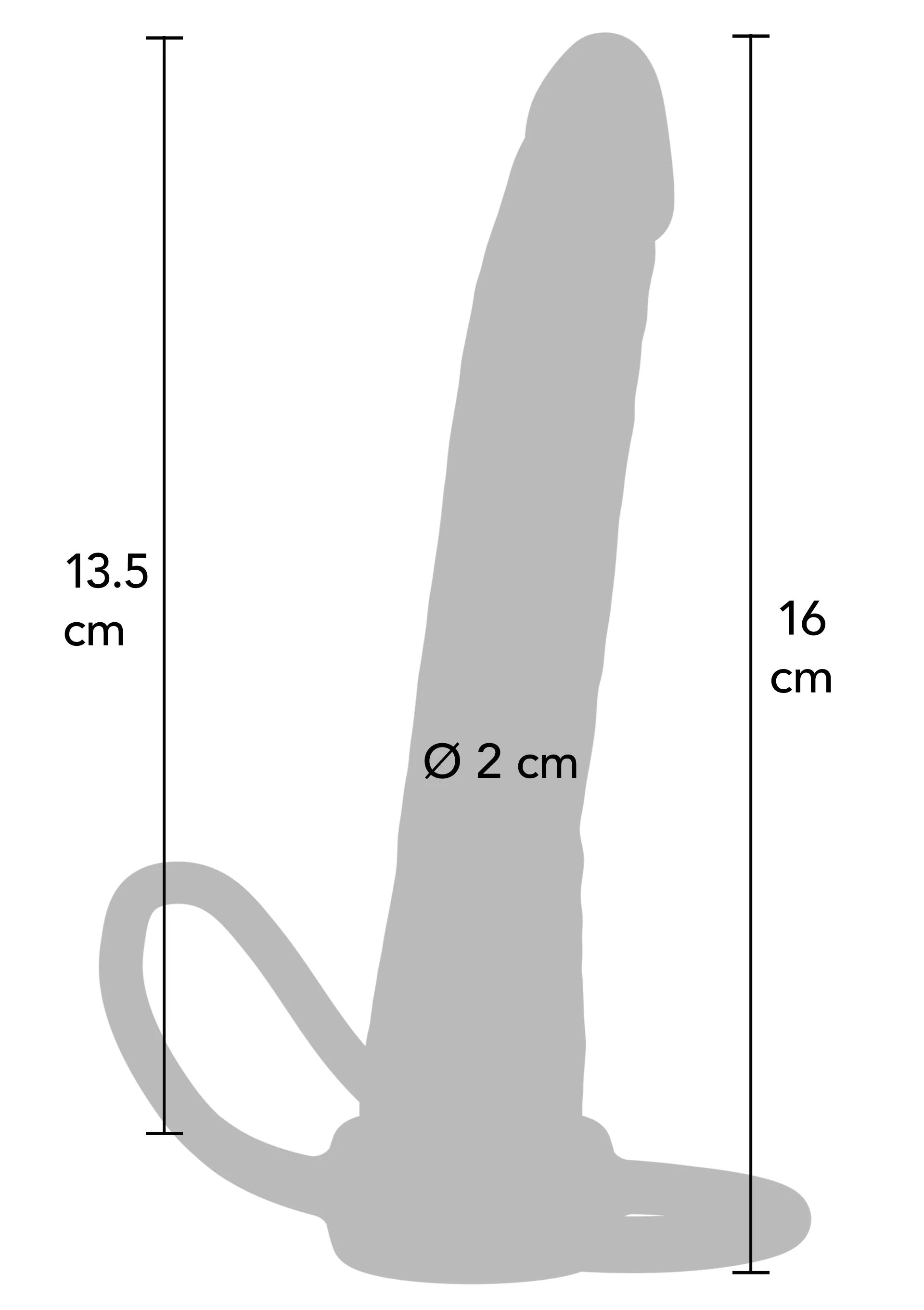 Dimensions d'un gode avec anneau. Longueur 16 cm, diamètre 2 cm. Pour le plaisir intime.; Afmetingen dildo met ring. Lengte 16 cm, diameter 2 cm. Voor intiem genot.; Dildo dimensions with ring. Length 16 cm, diameter 2 cm. For intimate pleasure.