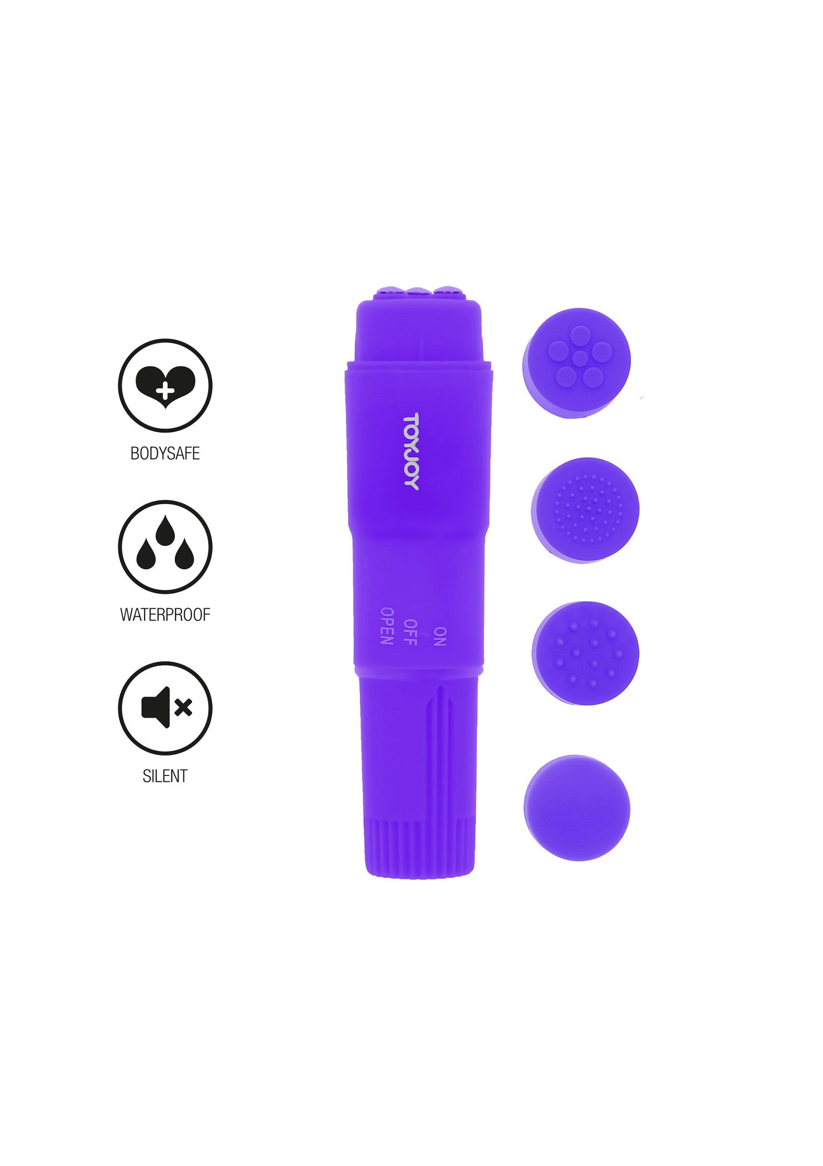Masseur vibrant ToyJoy violet, sûr pour le corps, étanche et silencieux avec différentes têtes.; Paarse ToyJoy vibrerende stimulator, lichaamsveilig, waterdicht en stil met verschillende opzetstukken.; Purple ToyJoy vibrating massager, body-safe, waterproof and silent with different massage heads.