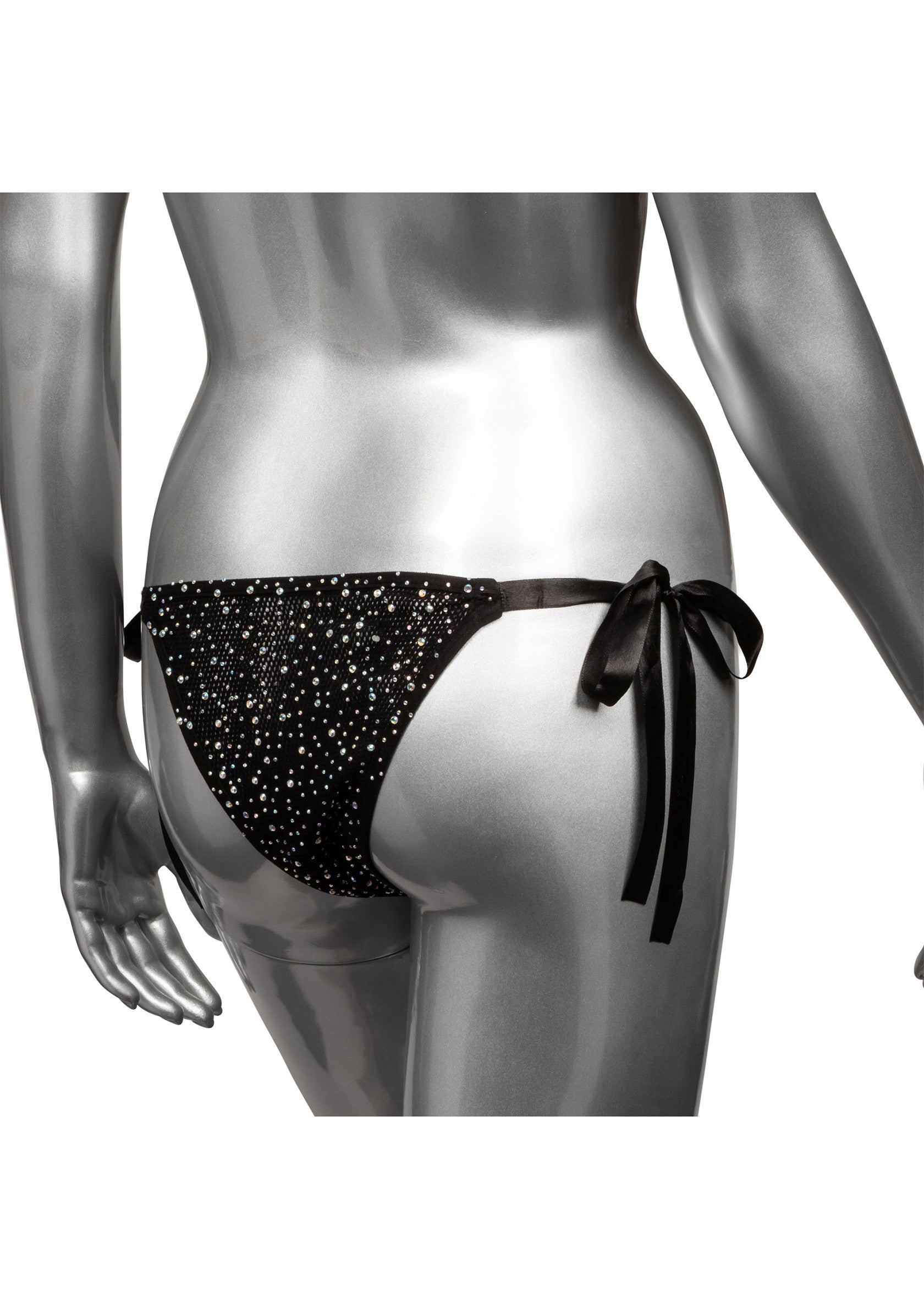 Culotte de bikini noire à pois avec des liens à nouer.; Zwarte bikini slip met stippen en strikbandjes.; Black polka dot bikini bottoms with tie sides.