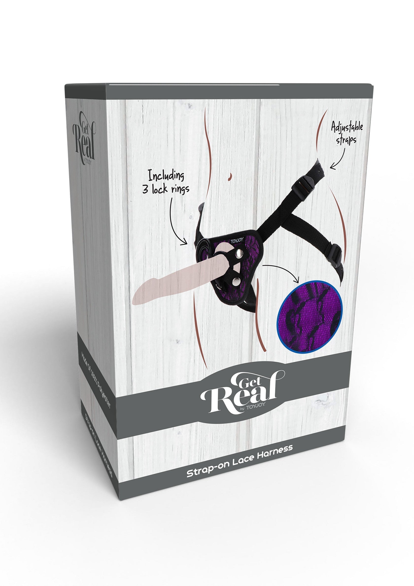 Harnais strap-on Get Real en dentelle. Bretelles réglables et 3 anneaux de verrouillage inclus. ; Get Real strap-on kanten harnas. Verstelbare bandjes en 3 vergrendelingsringen inbegrepen.; Get Real strap-on lace harness. Adjustable straps and including 3 lock rings.
