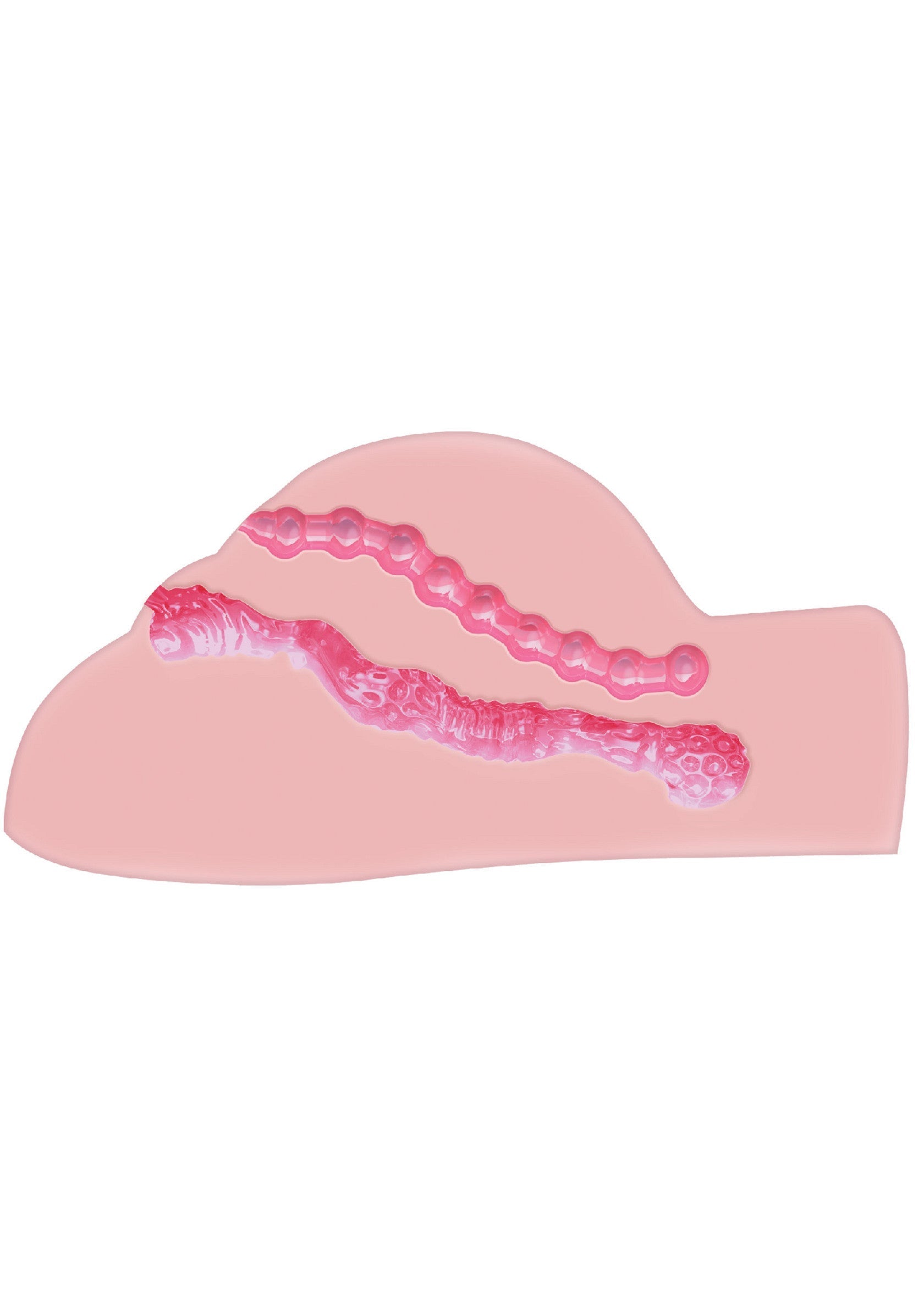 Bonbon gélifié rose en forme de nuage avec des décorations roses en forme de chaîne.; Roze snoepgoed in de vorm van een wolk met roze ketting-achtige versieringen.; Pink cloud-shaped candy with pink chain-like decorations.
