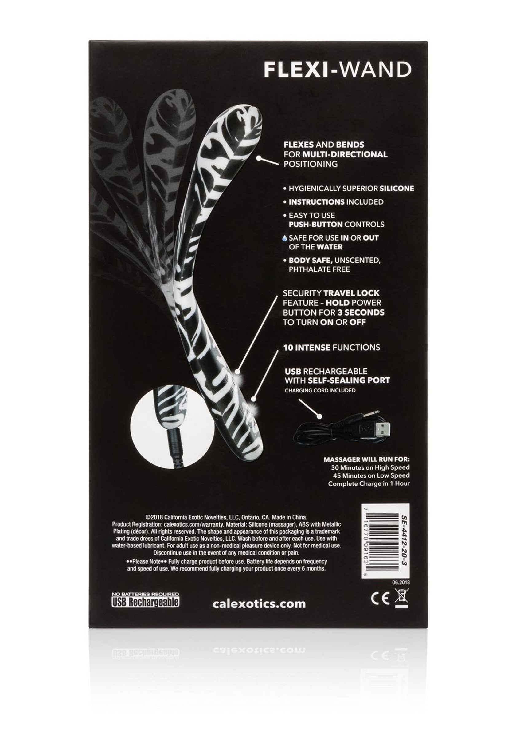 Flexi-Wand CalExotics, masseur flexible, 10 fonctions, rechargeable USB, silicone supérieur. Idéal pour un massage personnalisé.; CalExotics Flexi-Wand, flexibele stimulator, 10 functies, USB oplaadbaar, superieure siliconen. Ideaal voor persoonlijke massage.; CalExotics Flexi-Wand, flexible massager, 10 functions, USB rechargeable, superior silicone. Ideal for personalized massage.
