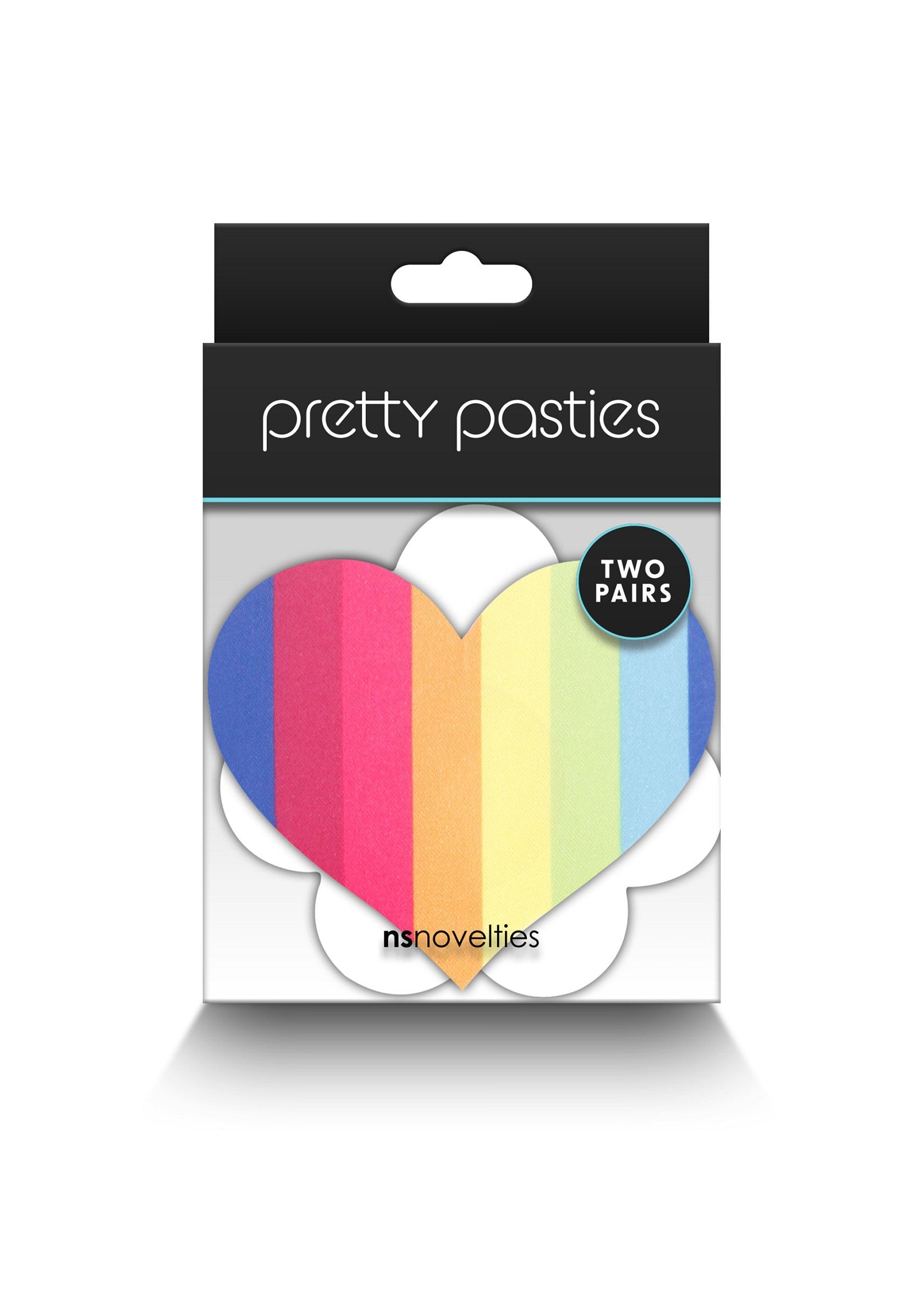 Cache-tétons 'Pretty Pasties' en forme de cœur arc-en-ciel. Deux paires incluses pour un look amusant et coloré.; Rainbow hartvormige 'Pretty Pasties' tepelbedekkers. Twee paar inbegrepen voor een leuke en kleurrijke look.; Rainbow heart-shaped 'Pretty Pasties' nipple covers. Two pairs included for a fun, colorful look.