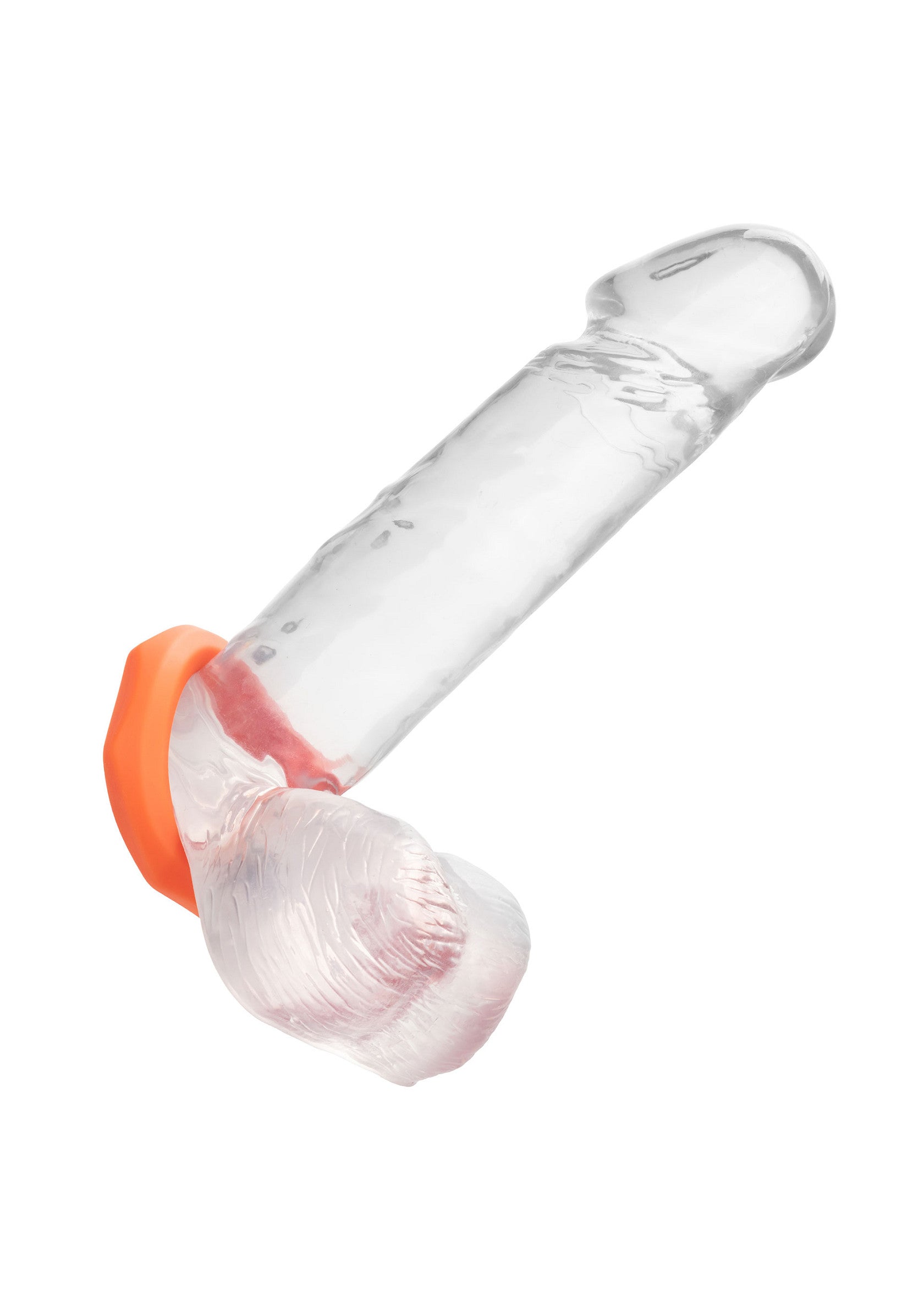 Jouet pour adultes transparent avec gaine texturée et anneau orange pour une expérience intense.; Transparant speeltje voor volwassenen met getextureerde huls en oranje ring voor een intense ervaring.; Clear adult toy with textured sleeve and orange ring for an intense experience.