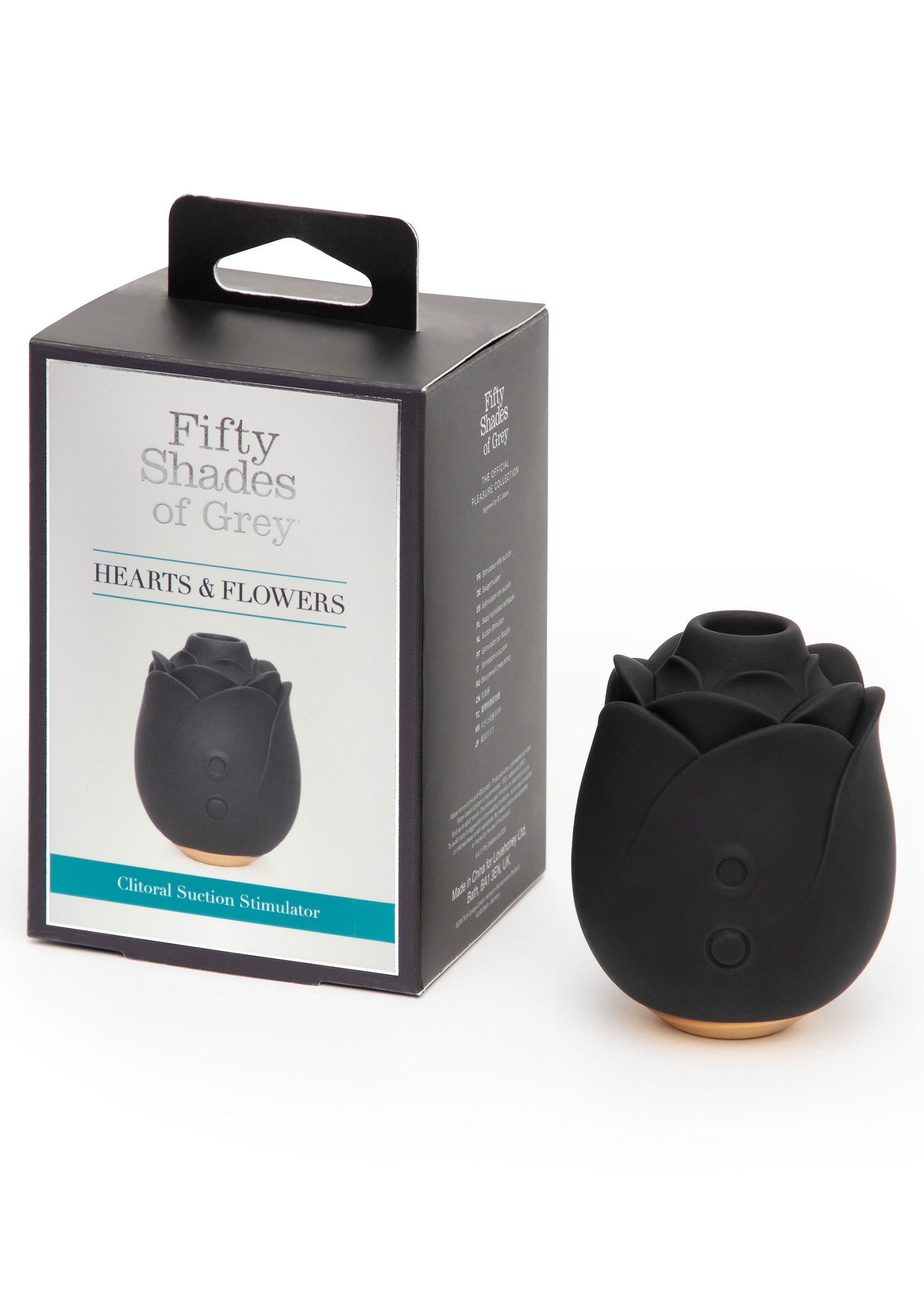 Fifty Shades of Grey Hearts & Flowers stimulateur clitoridien à succion, noir, pour le plaisir féminin.; Fifty Shades of Grey Hearts & Flowers clitoris stimulator met zuigfunctie, zwart, voor vrouwelijk genot.; Fifty Shades of Grey Hearts & Flowers clitoral suction stimulator, black, for female pleasure.