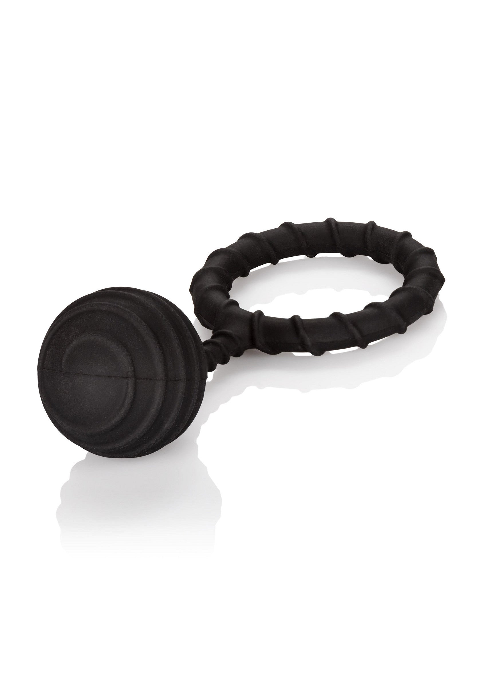 Anneau pénien noir texturé avec boule pour plus de plaisir.; Zwarte getextureerde penisring met bal voor extra plezier.; Black textured cock ring with ball for extra pleasure.