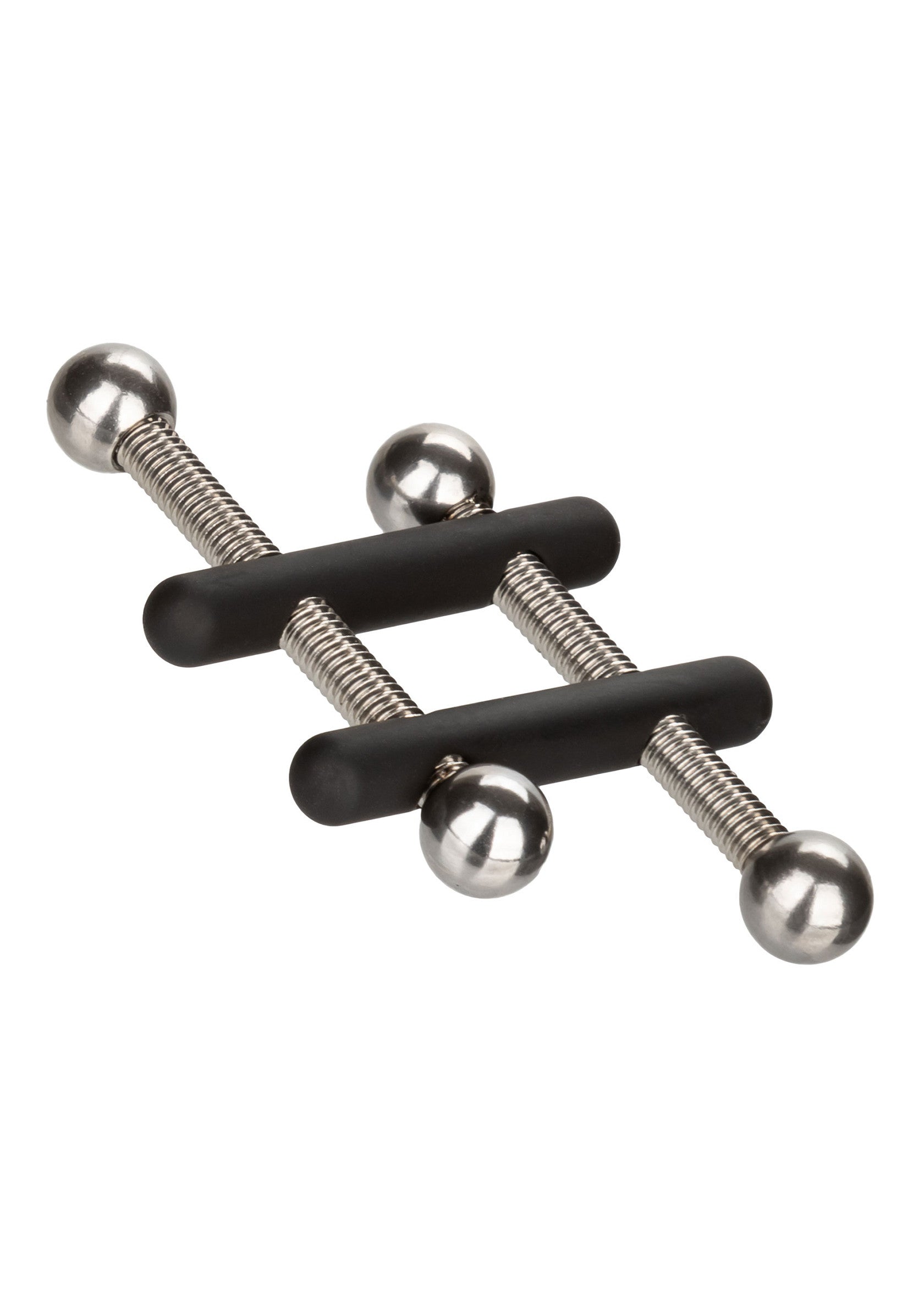 Pinces à tétons ajustables avec des embouts sphériques pour un plaisir intense.; Verstelbare tepelklemmen met bolvormige uiteinden voor intens plezier.; Adjustable nipple clamps with spherical tips for intense pleasure.