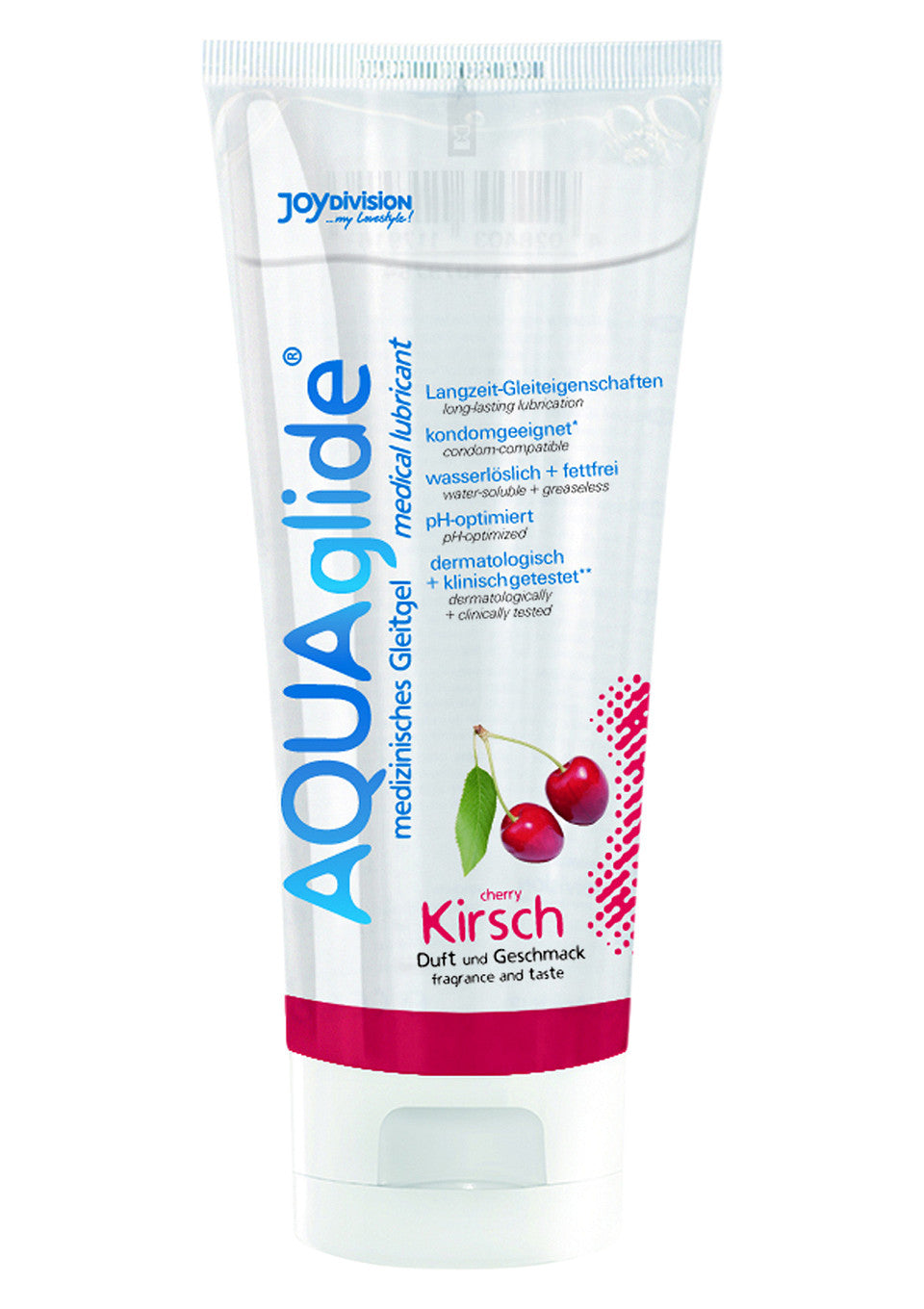 Lubrifiant intime AquaGlide saveur cerise, longue durée et compatible avec les préservatifs. Testé dermatologiquement.; AquaGlide glijmiddel met kersensmaak, langdurige werking, condoomcompatibel en dermatologisch getest.; AquaGlide cherry lubricant, long-lasting, condom-compatible, and dermatologically tested. Enhance your intimate moments.