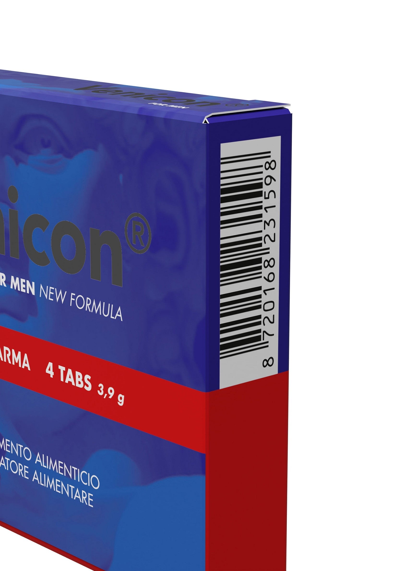 Boîte de comprimés pour hommes. Nouvelle formule, 4 comprimés de 3,9 g. Complément alimentaire.; Doos met tabletten voor mannen. Nieuwe formule, 4 tabletten van 3,9 g. Voedingssupplement.; Box of tablets for men. New formula, 4 tabs 3,9 g. Food supplement.