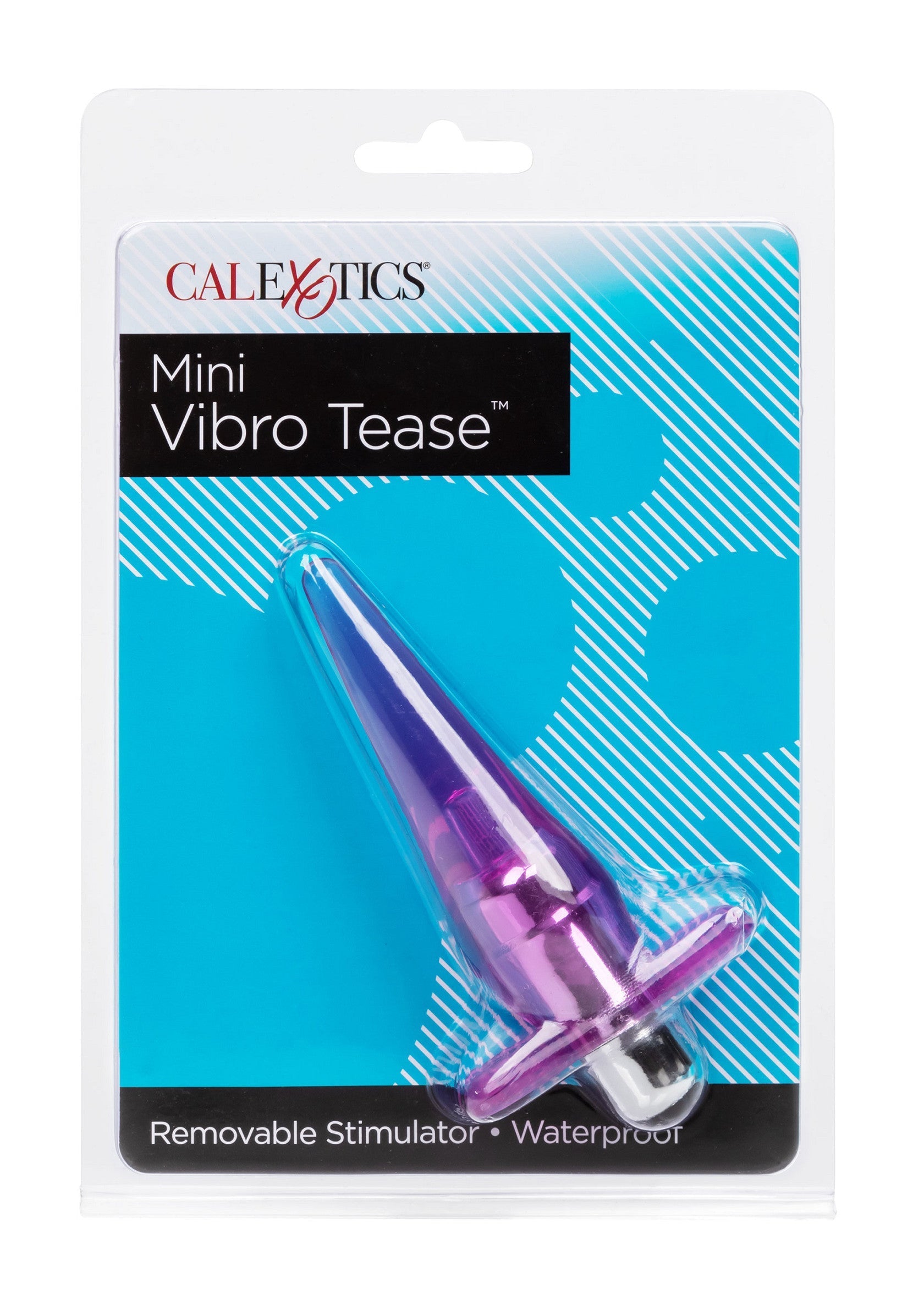 Mini Vibro Tease de CalExotics, plug anal vibrant et étanche pour le plaisir solo ou partagé. Compact et puissant!; CalExotics Mini Vibro Tease, vibrerende anale plug voor solo of gedeeld plezier. Compact en krachtig! Waterdicht.; CalExotics Mini Vibro Tease, vibrating anal plug for solo or shared pleasure. Compact and powerful! Waterproof.